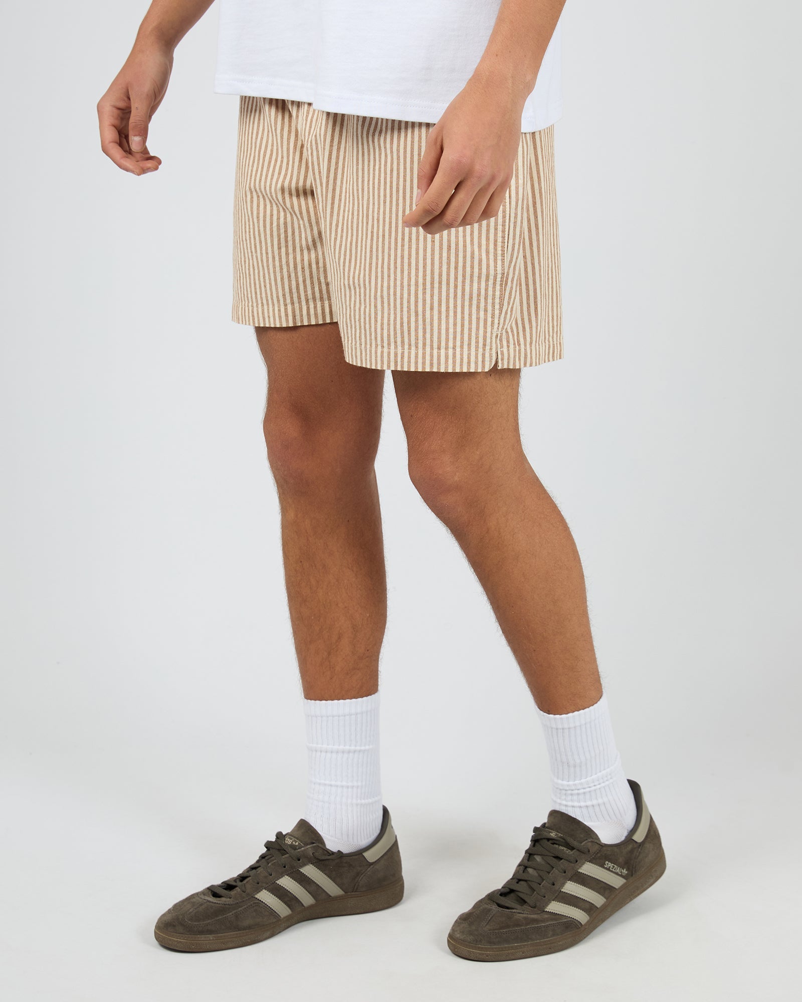 Mens Stripe Linen Walk Short Tan - Image 5