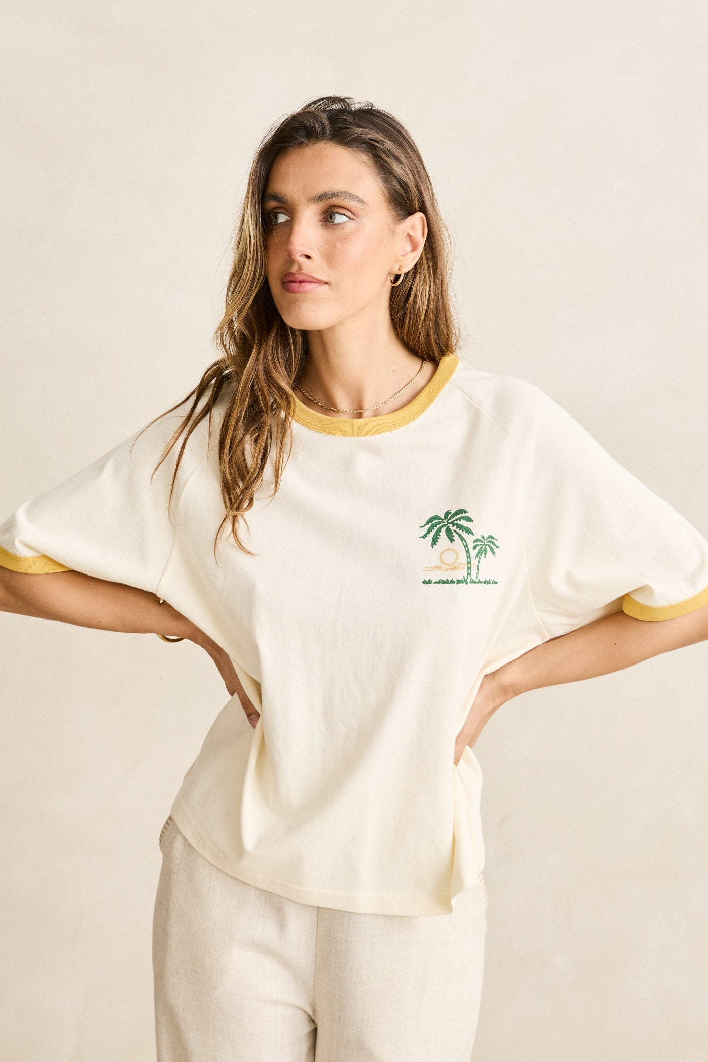 Sunset Palm Ringer Tee Cornsilk Cornsilk - Image 7
