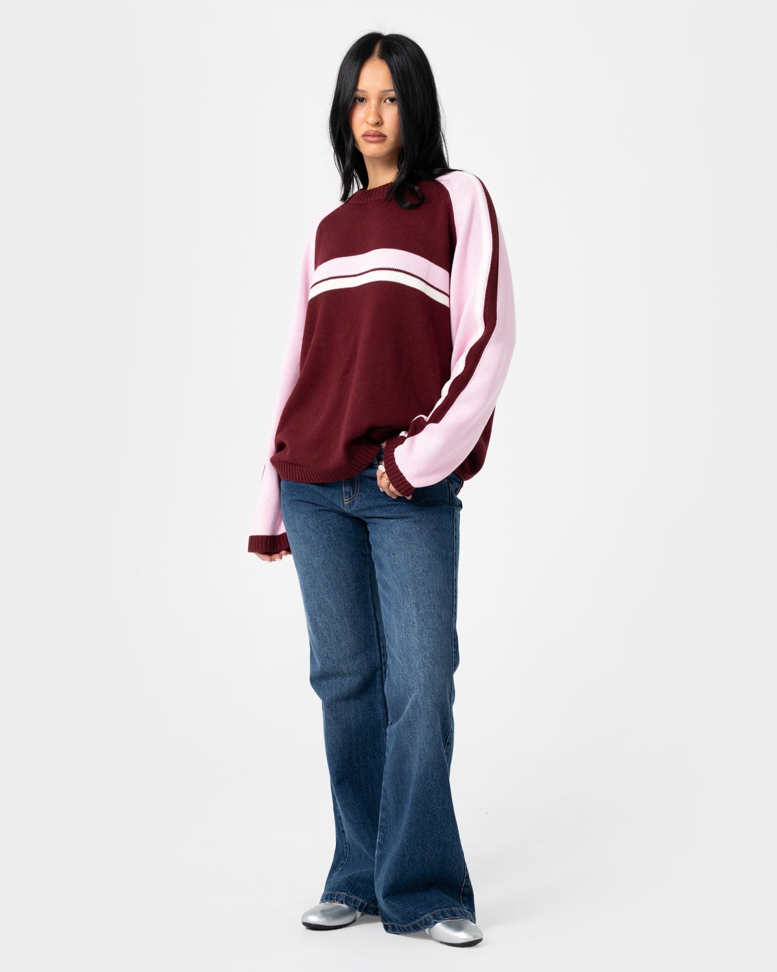 Womens White Lines Two Crew Neck Knitwear Burgundy - Image 1