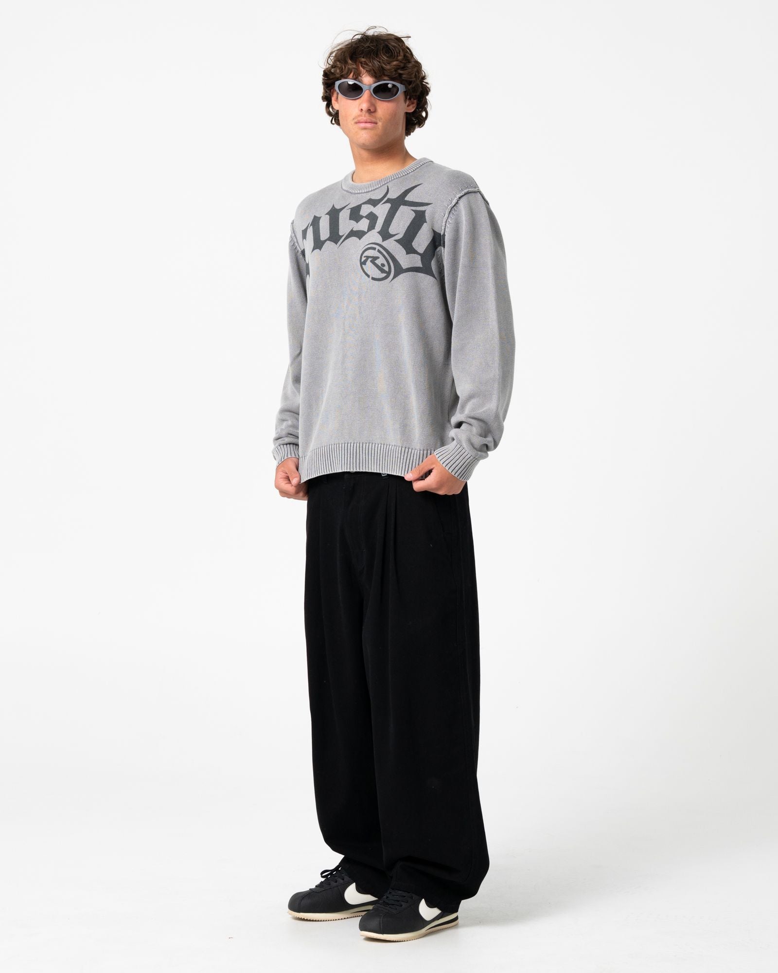 Mens Saxon Graphic Sweater Steel Blue - Image 1
