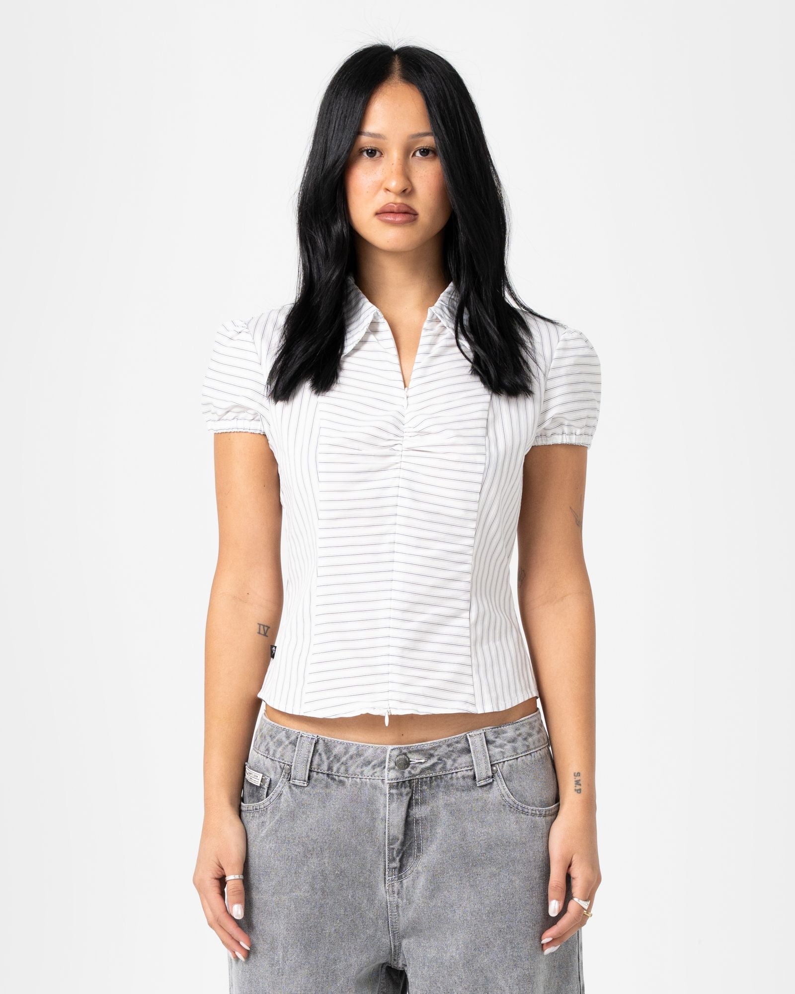 Womens Horizon Fitted Zip Through T Shirt Mono Stripe - Image 2