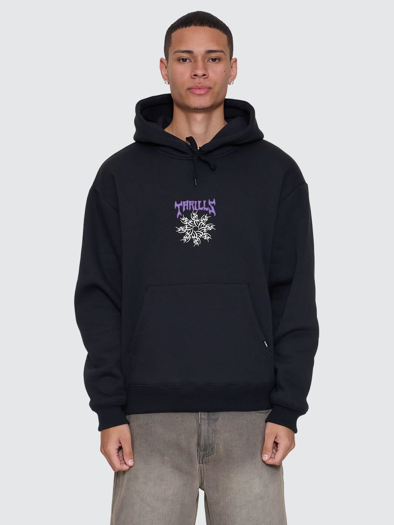 Mens Stagger Slouch Pull On Cropped Hoodie Washed Black - Image 8