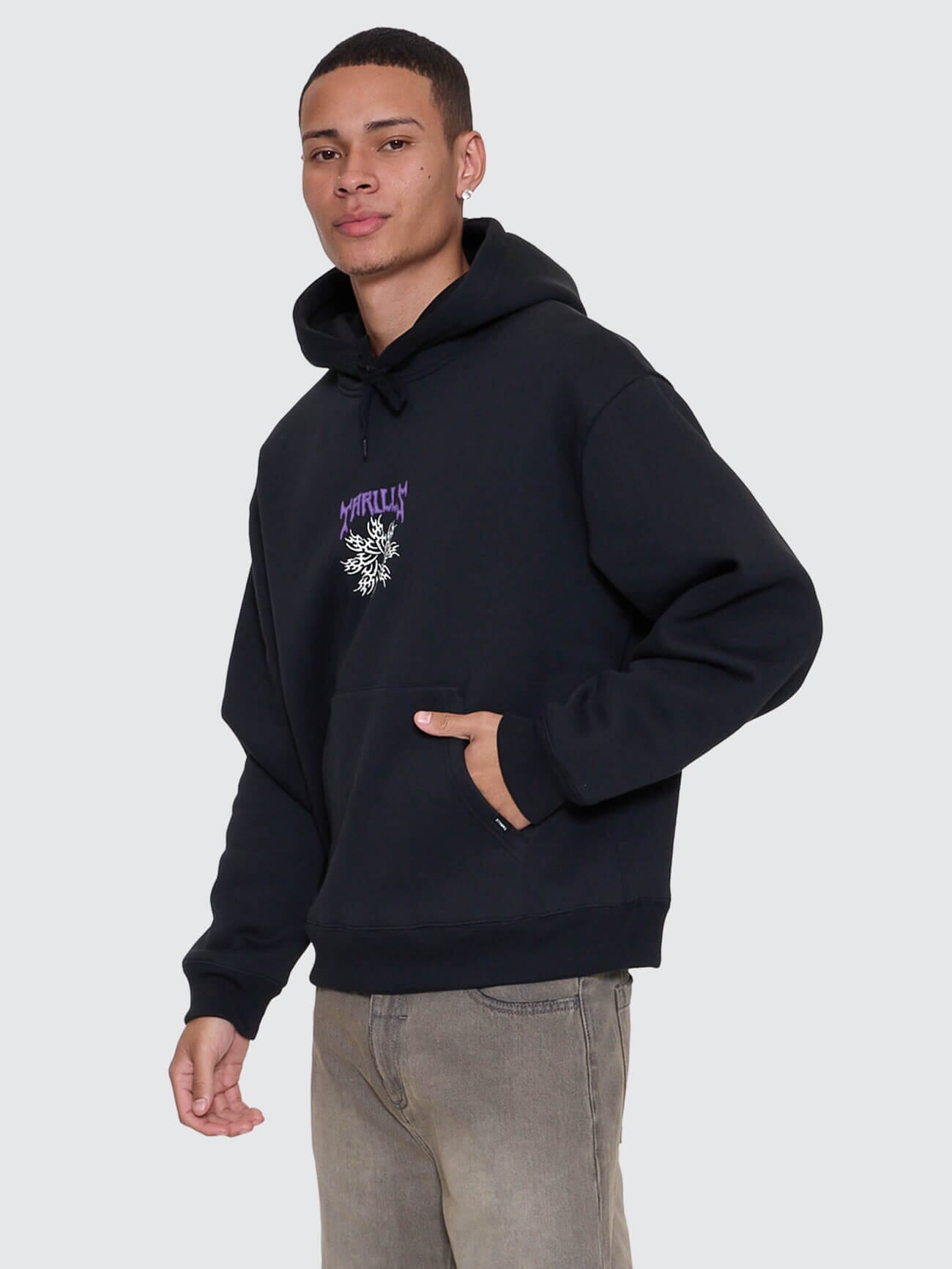 Mens Stagger Slouch Pull On Cropped Hoodie Washed Black - Image 4