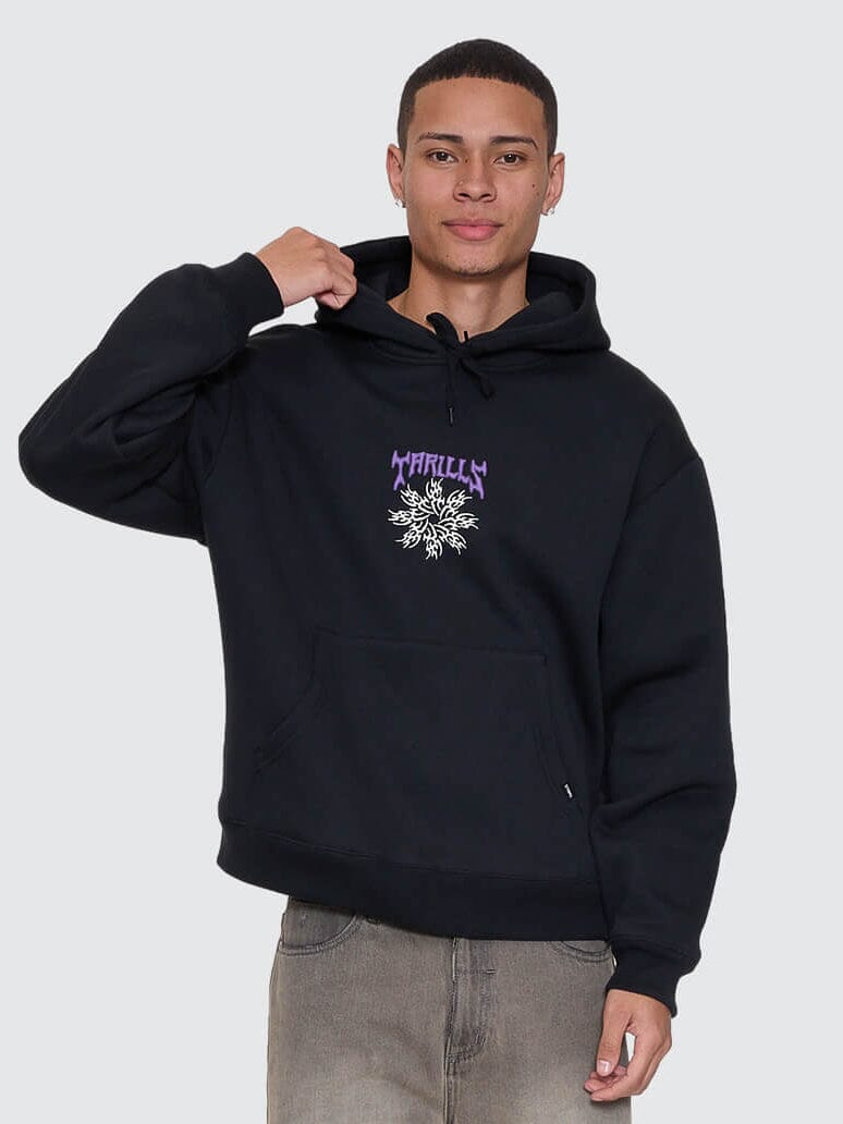 Mens Stagger Slouch Pull On Cropped Hoodie Washed Black - Image 1