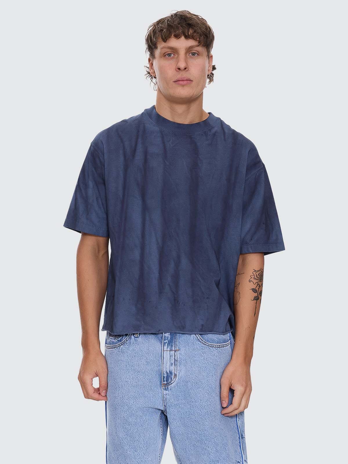Mens Arts Sunfade Box Crop T Shirt Sunfade Bleach Indigo - Image 1