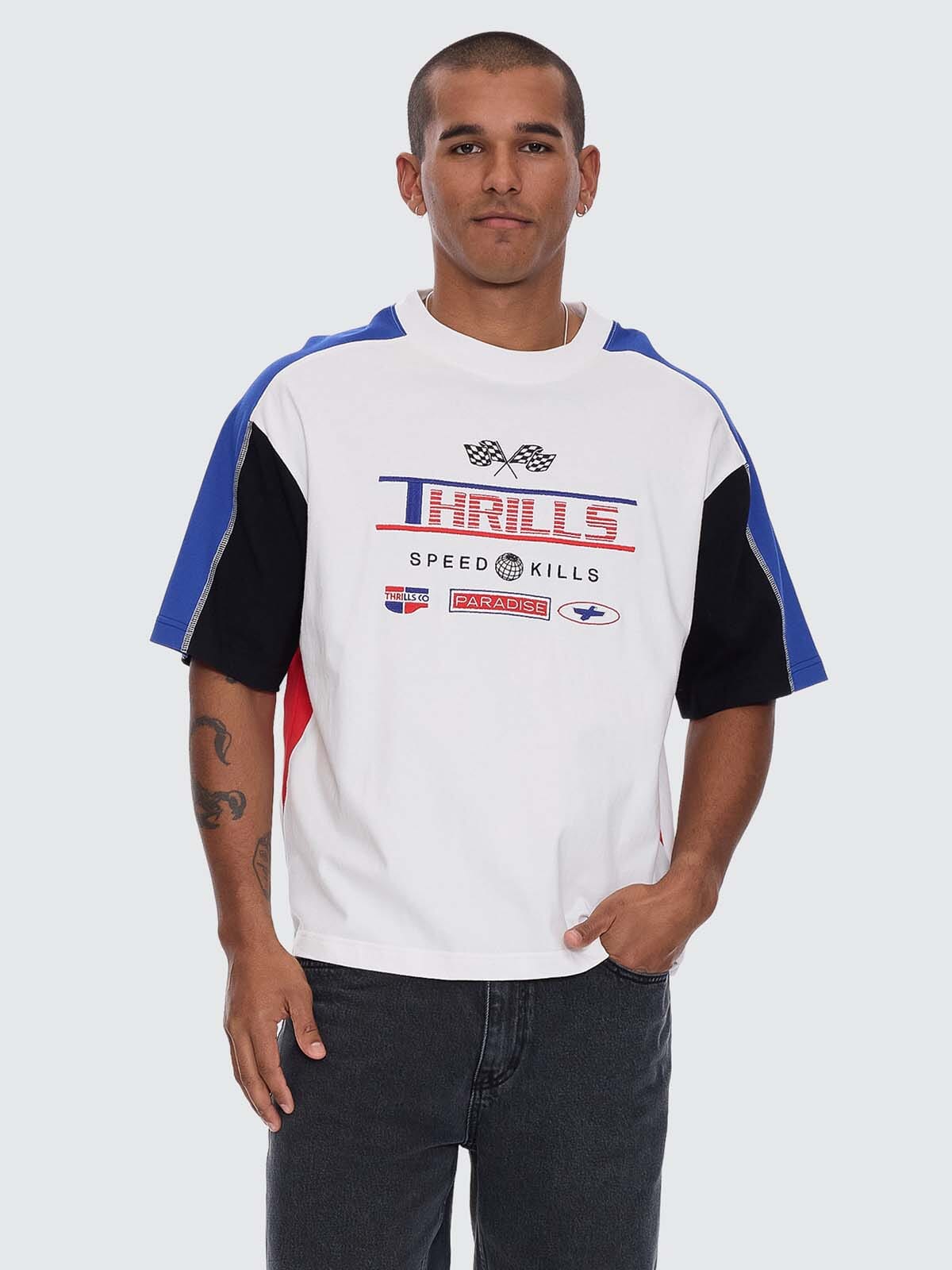 Mens Rapid Fire Panel Box Crop T Shirt Dirty White - Image 1