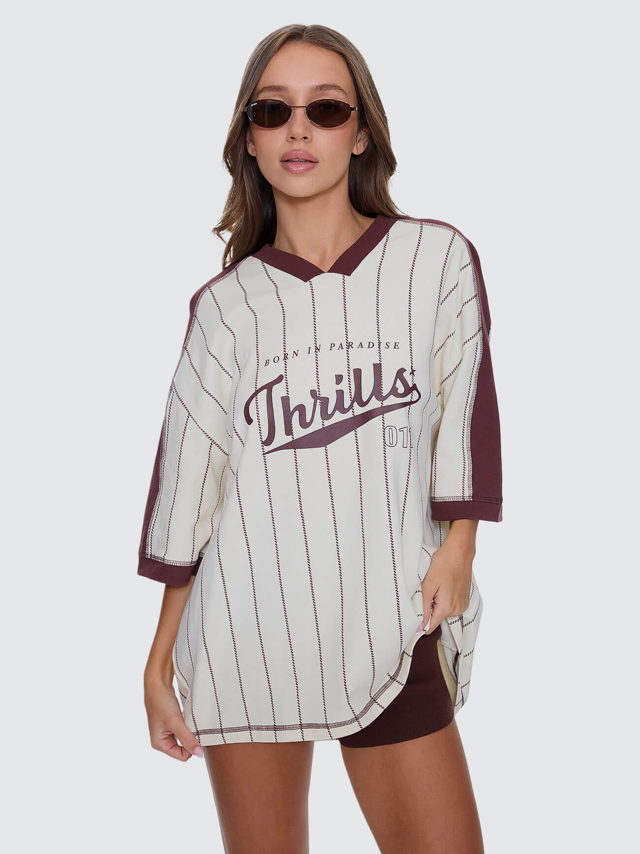 Womens Baseline Stripe V-Neck T Shirt Butter Cream - Image 3