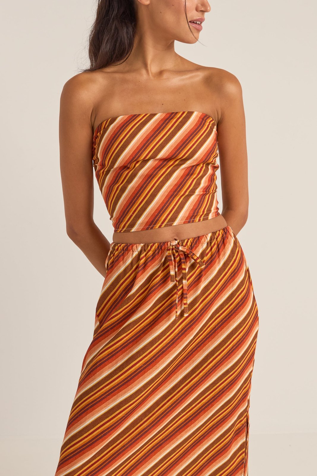 Chica Stripe Strapless Top Brown - Image 1