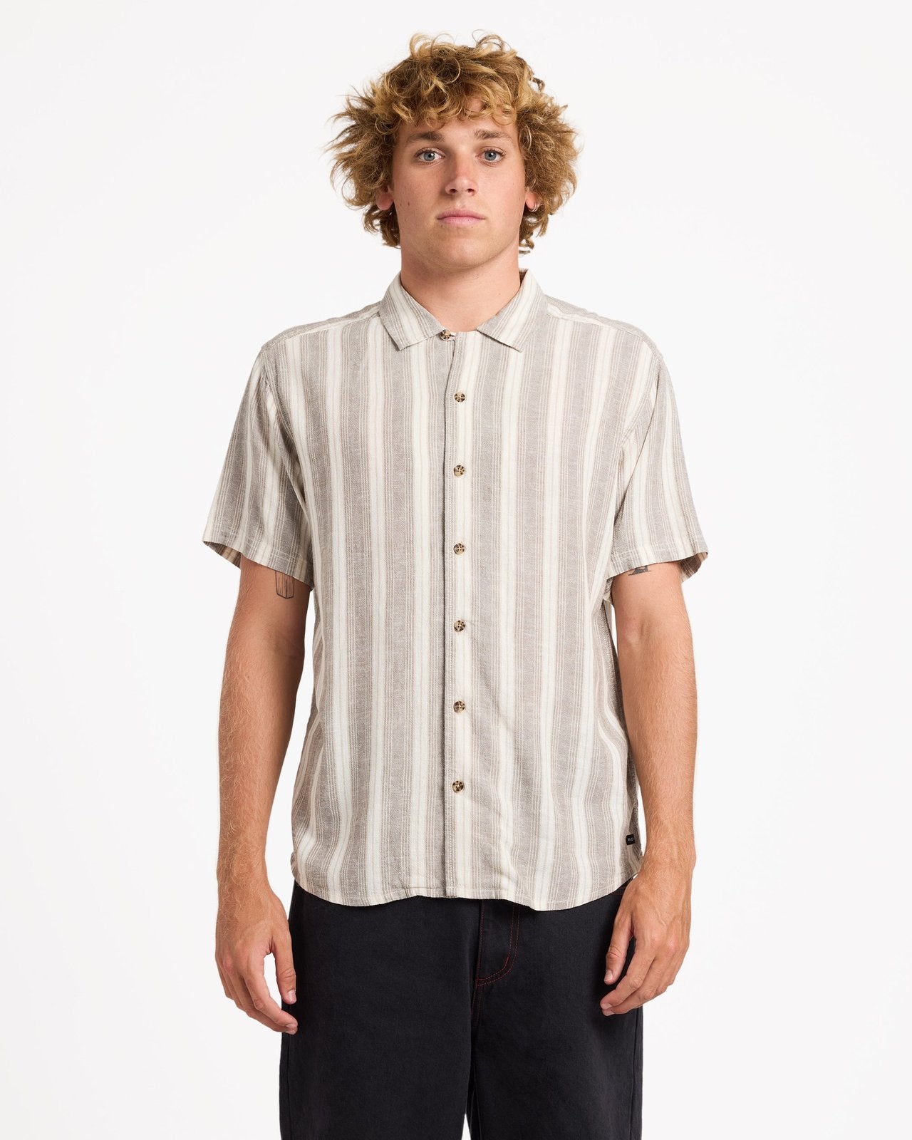 Mens Beat Stripe Short Sleeve Shirt Mushroom - Image 1
