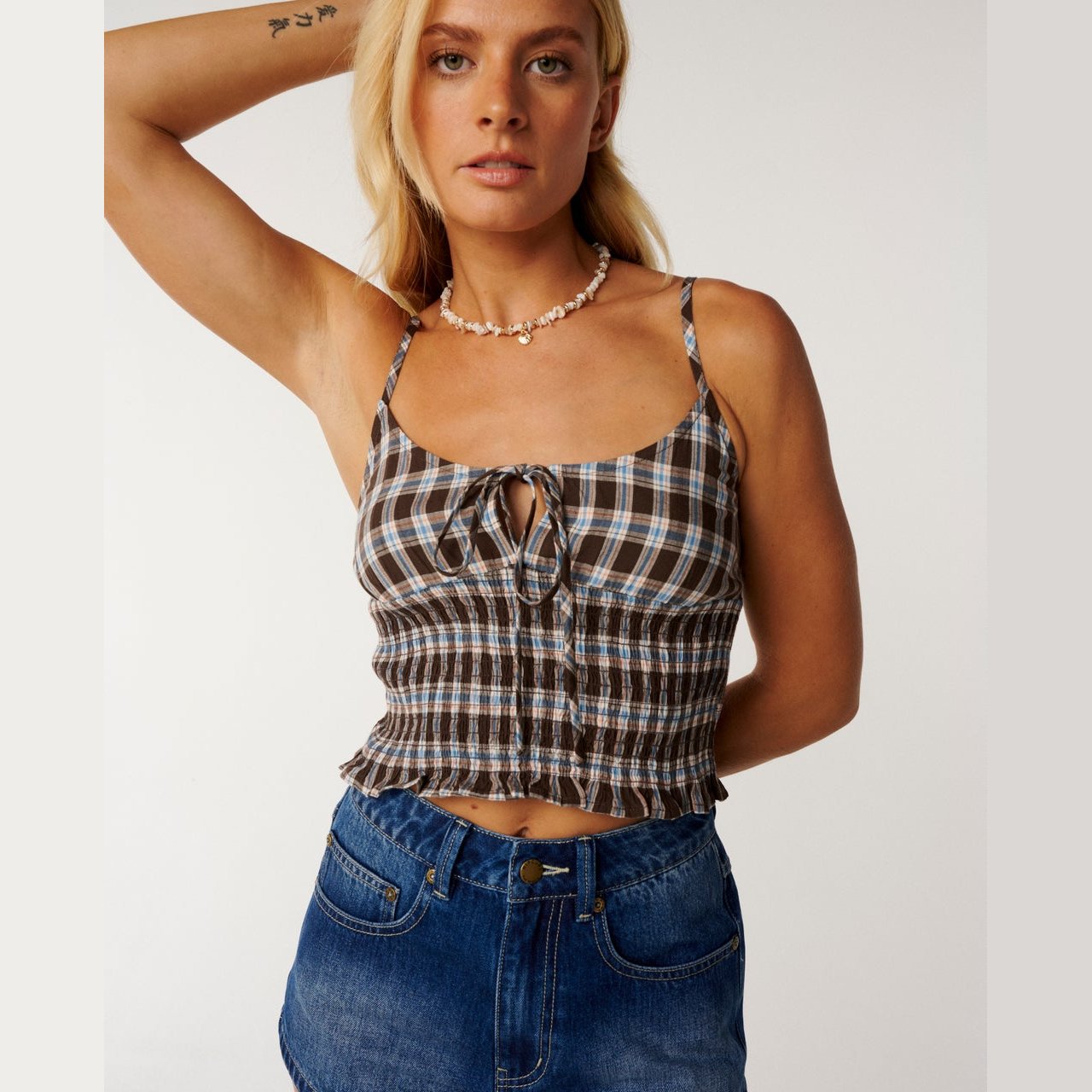 Paraiso Shirred Check Cami Brown - Image 6