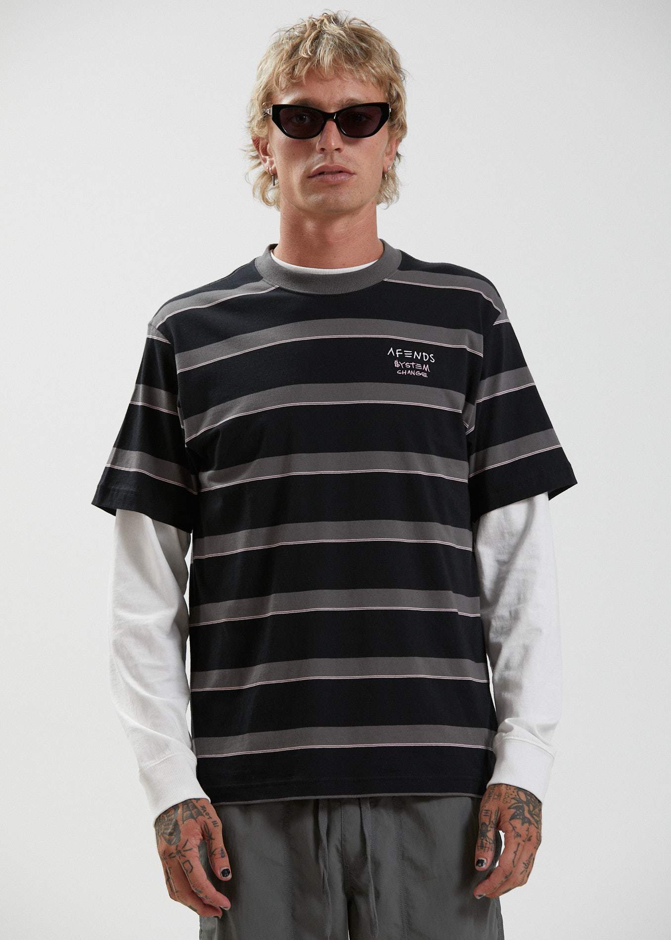 Afends Fight Stripe - Retro Fit Tee - Black Black