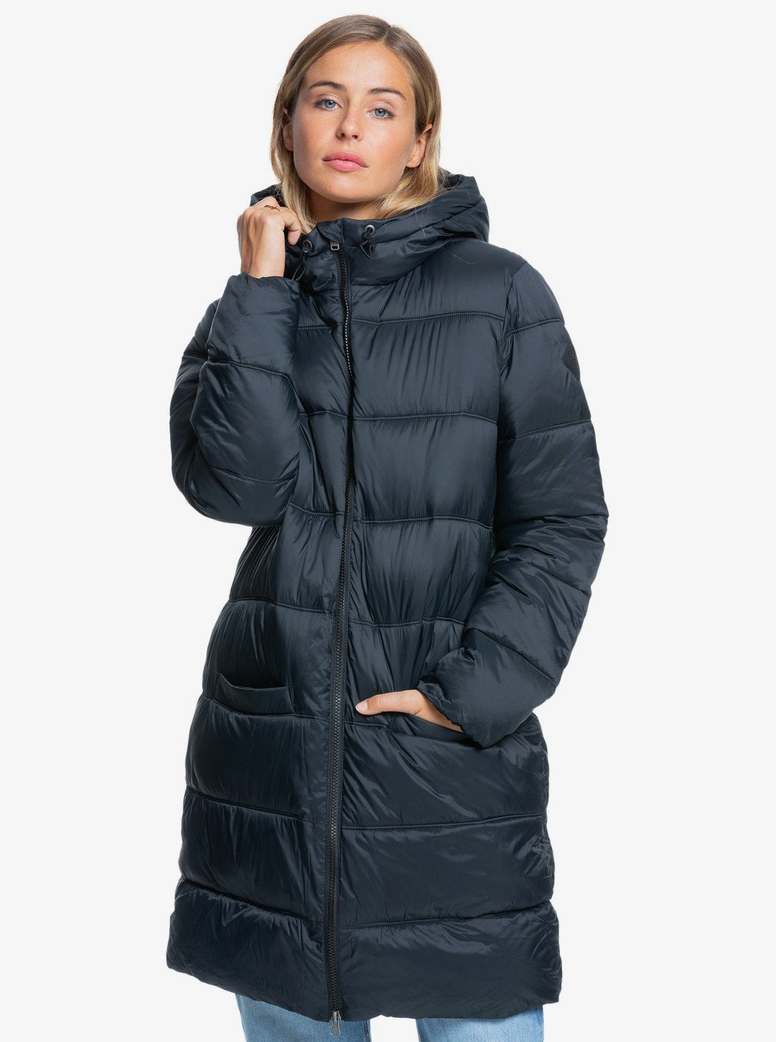 Roxy Womens Crest Of The Wave Longline Hooded Puffer Jacket Anthracite