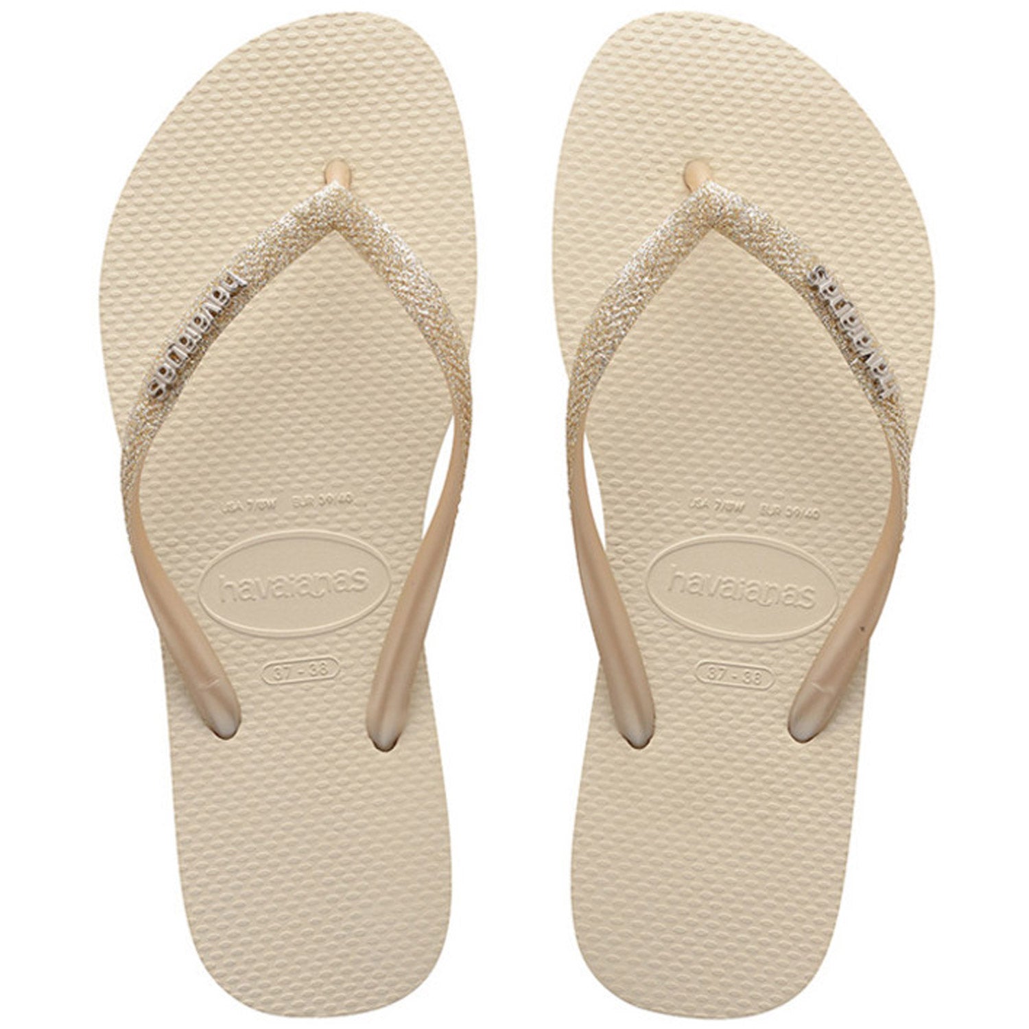 Slim Metal Logo Glitter Thongs Beige