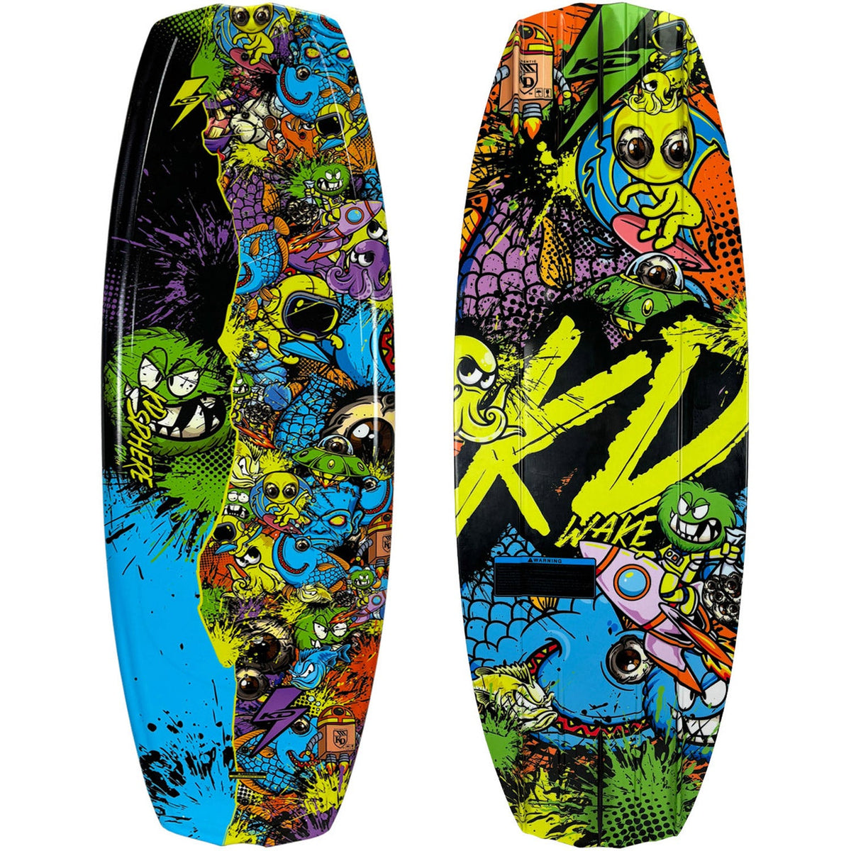 Colorful wakeboard with cartoon character design on a white background