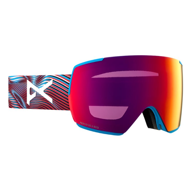 Multicolored ski goggles with a brand logo on a white background