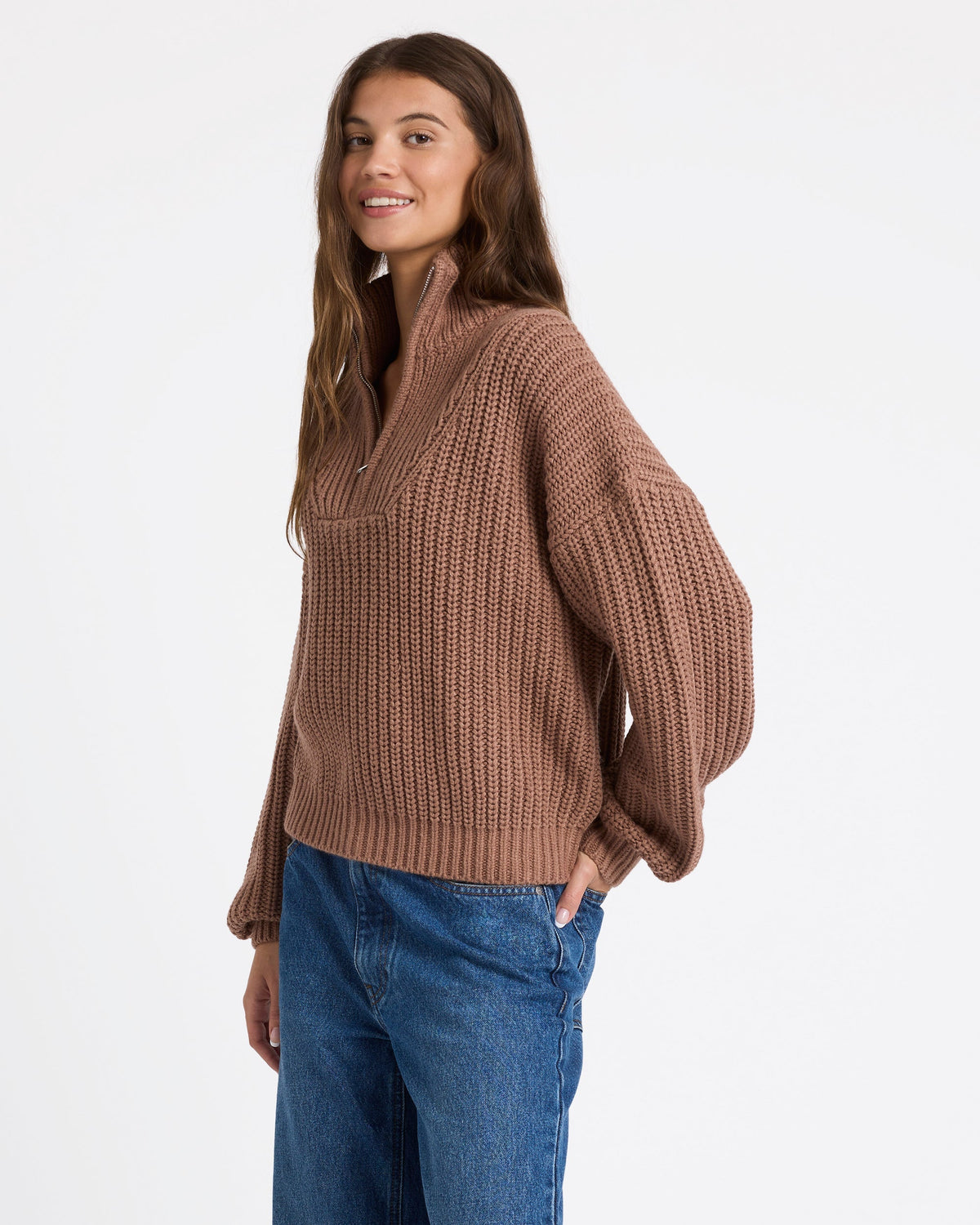 Womens So Cozy Half Zip Sweater Mocha - Image 3