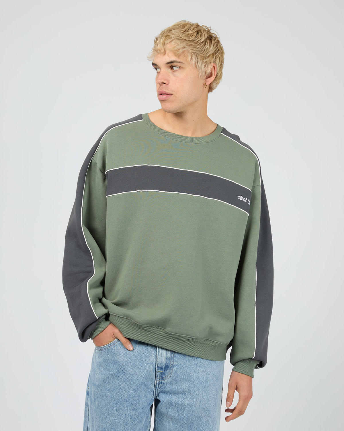 Mens Cutback Panelled Sweater Eucalyptus - Image 2