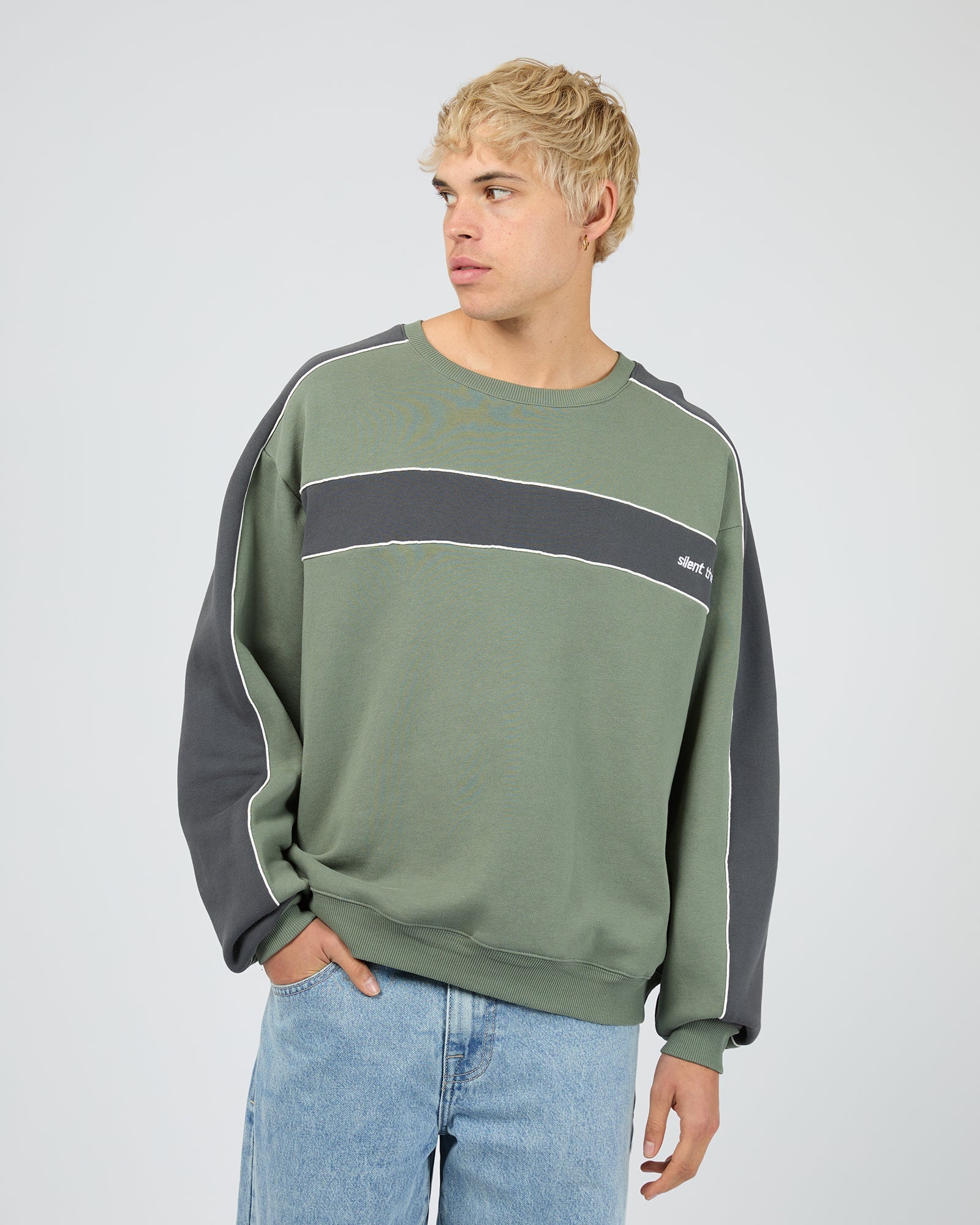 Mens Cutback Panelled Sweater Eucalyptus - Image 2