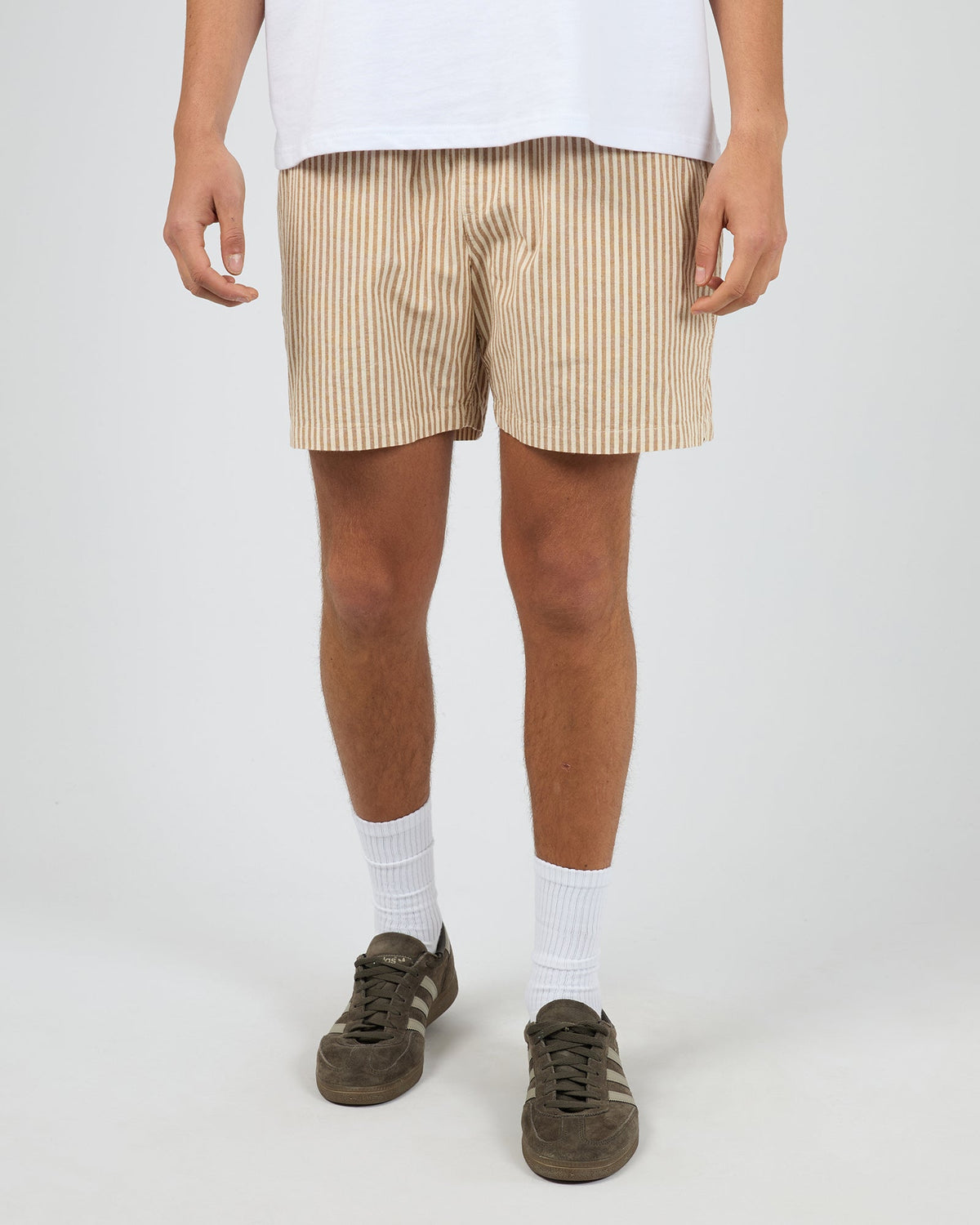Mens Stripe Linen Walk Short Tan - Image 1