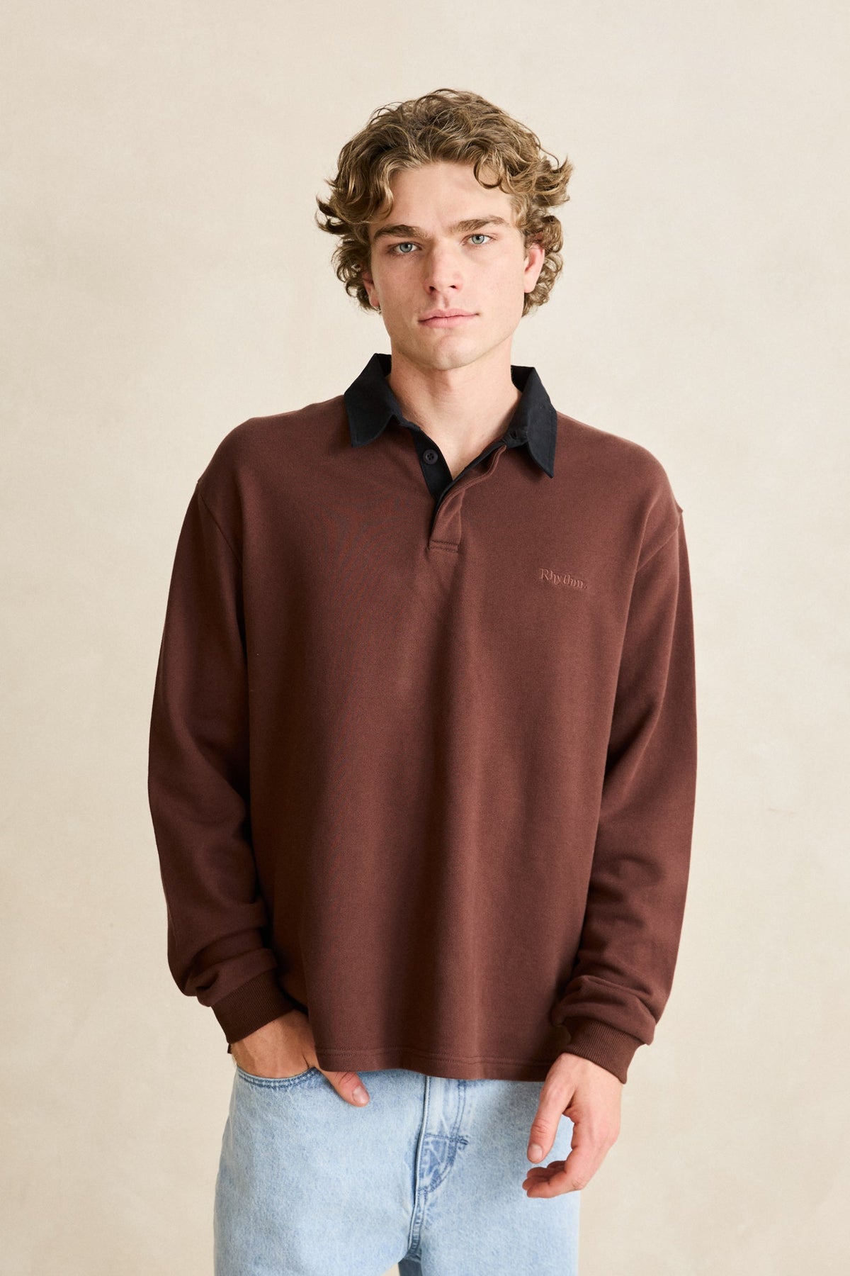Mens Koa LS Rugby Polo T Shirt Chocolate - Image 2