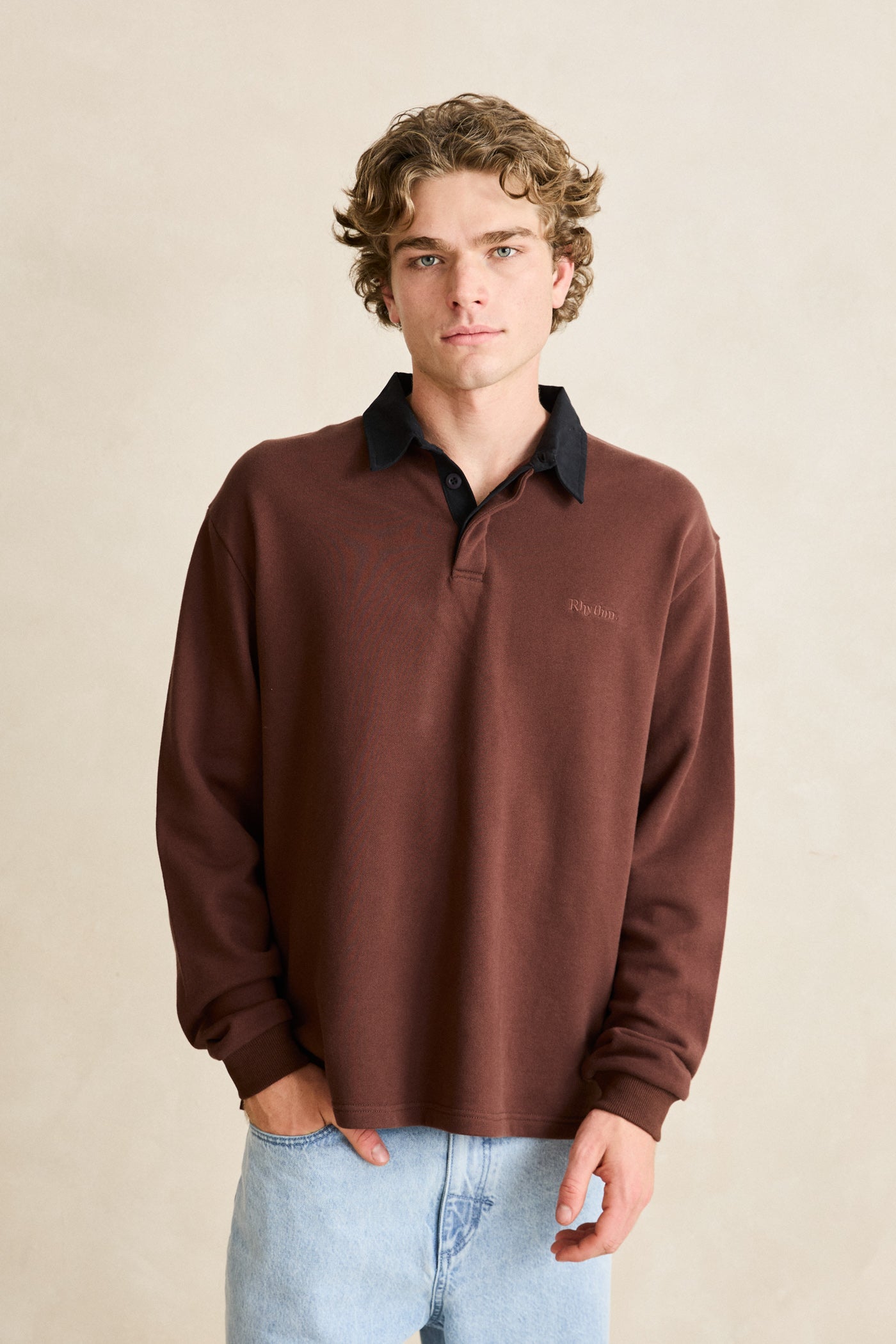 Mens Koa LS Rugby Polo T Shirt Chocolate - Image 2