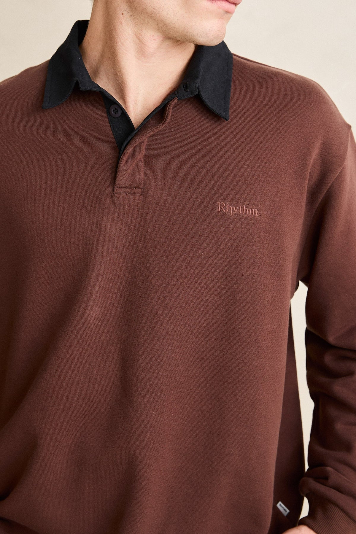 Mens Koa LS Rugby Polo T Shirt Chocolate - Image 3
