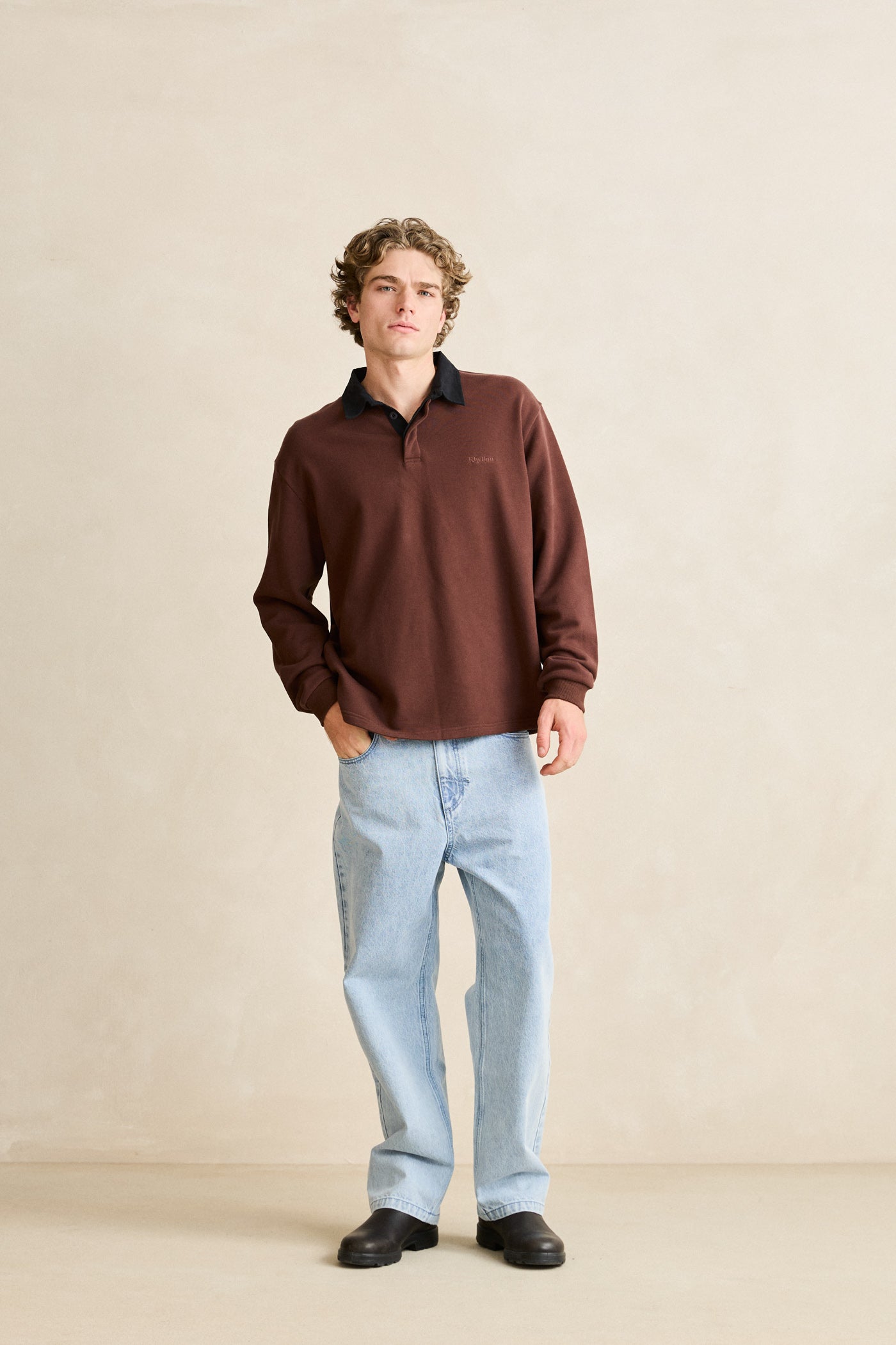 Mens Koa LS Rugby Polo T Shirt Chocolate - Image 4