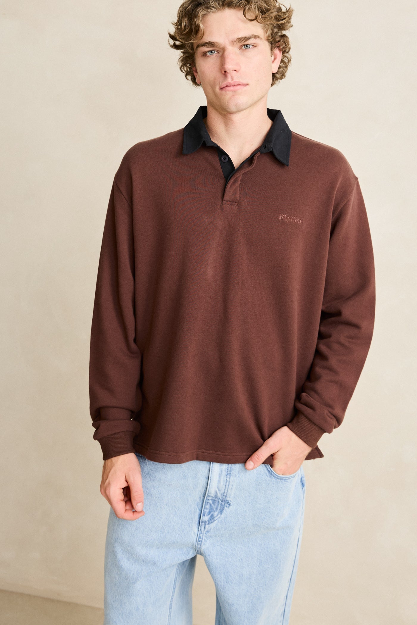 Mens Koa LS Rugby Polo T Shirt Chocolate - Image 6