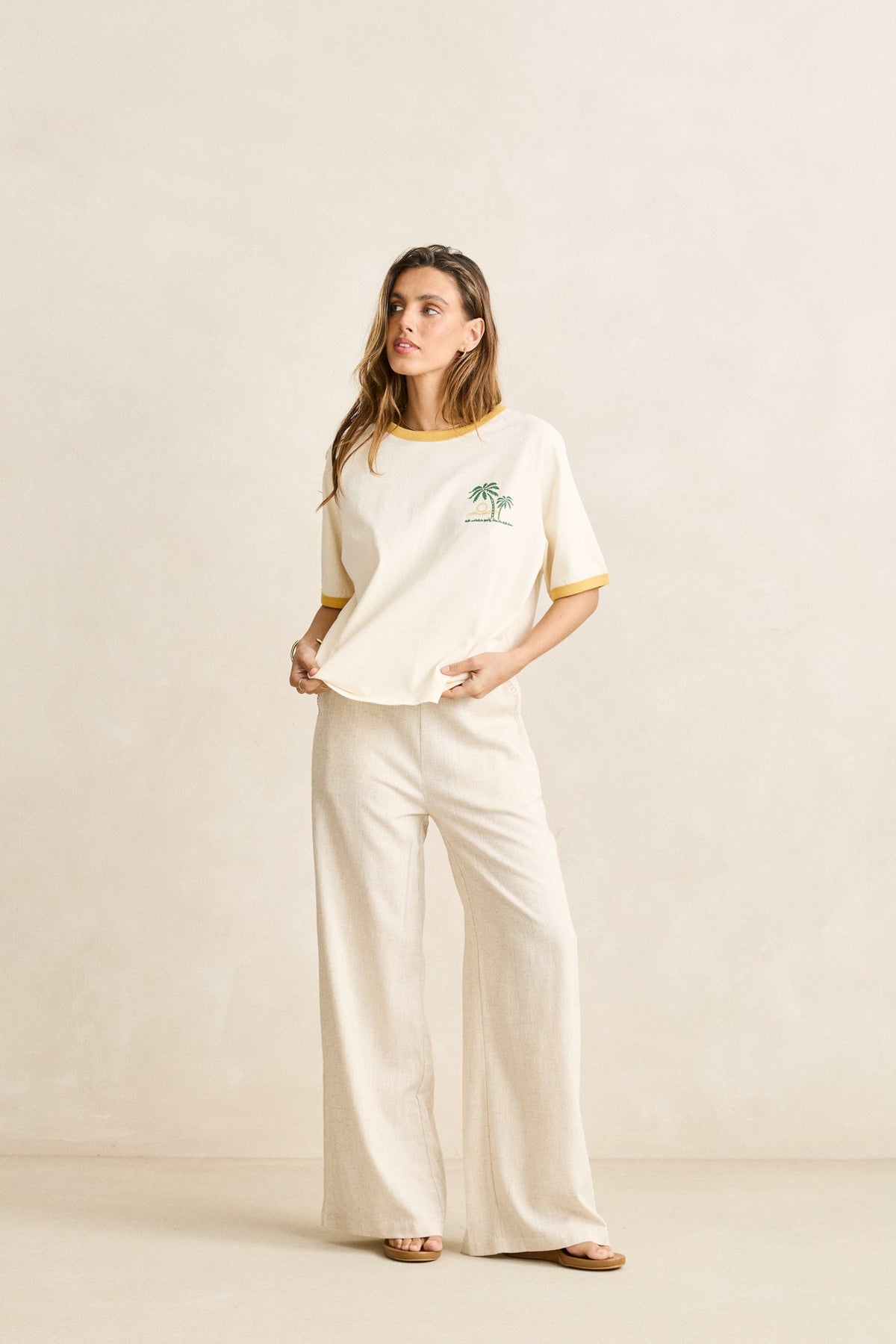 Sunset Palm Ringer Tee Cornsilk Cornsilk - Image 1