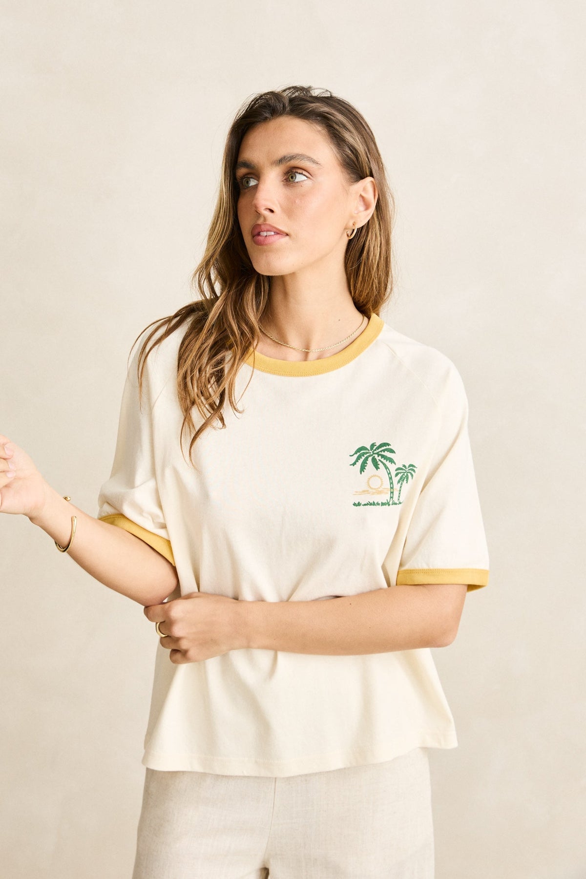 Sunset Palm Ringer Tee Cornsilk Cornsilk - Image 6