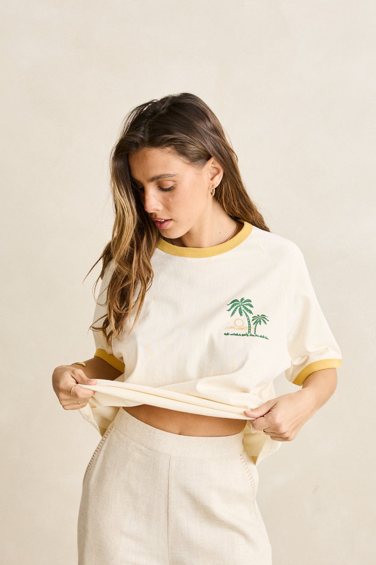 Sunset Palm Ringer Tee Cornsilk Cornsilk - Image 8