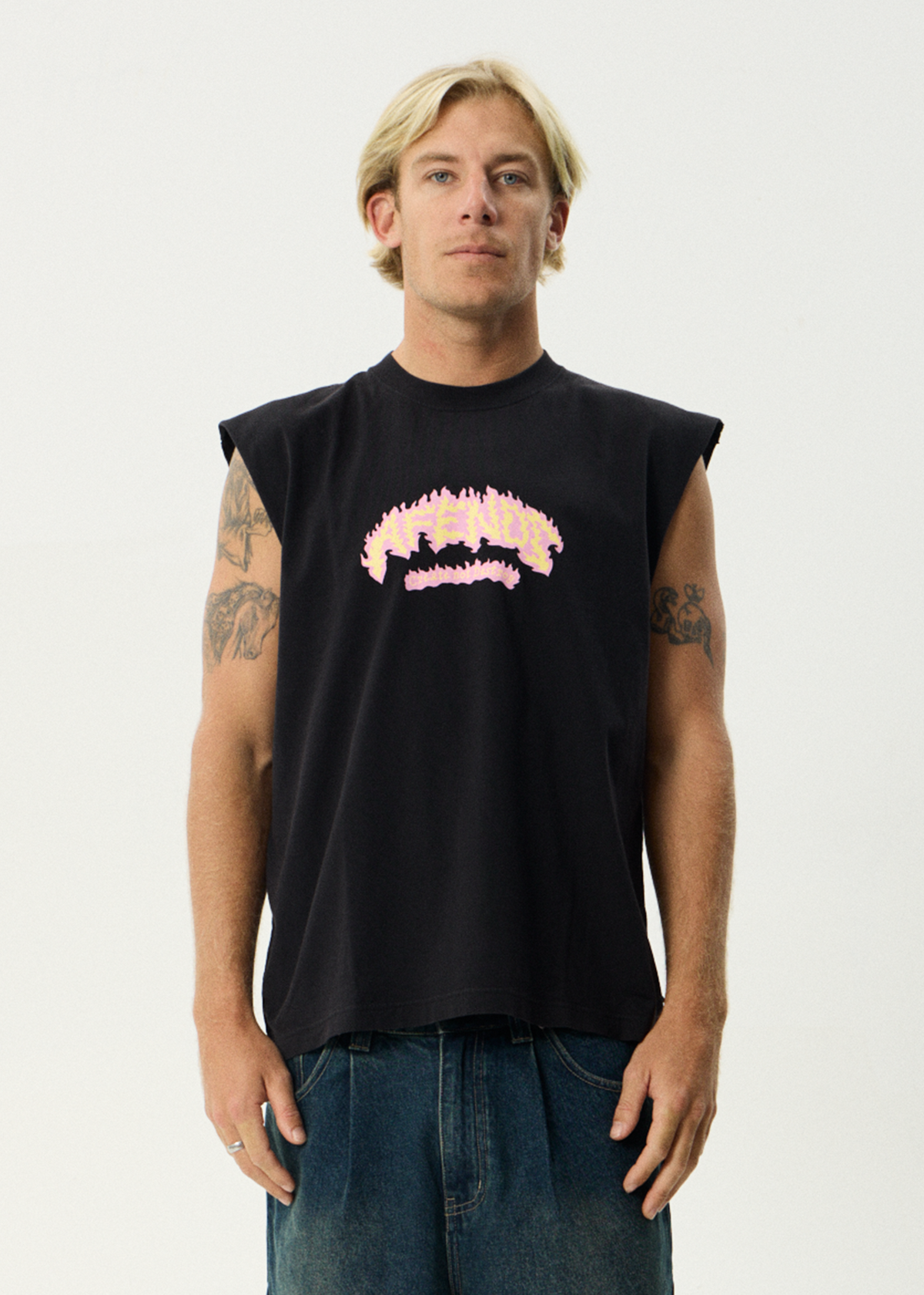 Mens Flame On Muscle Tee Stone Black - Image 2
