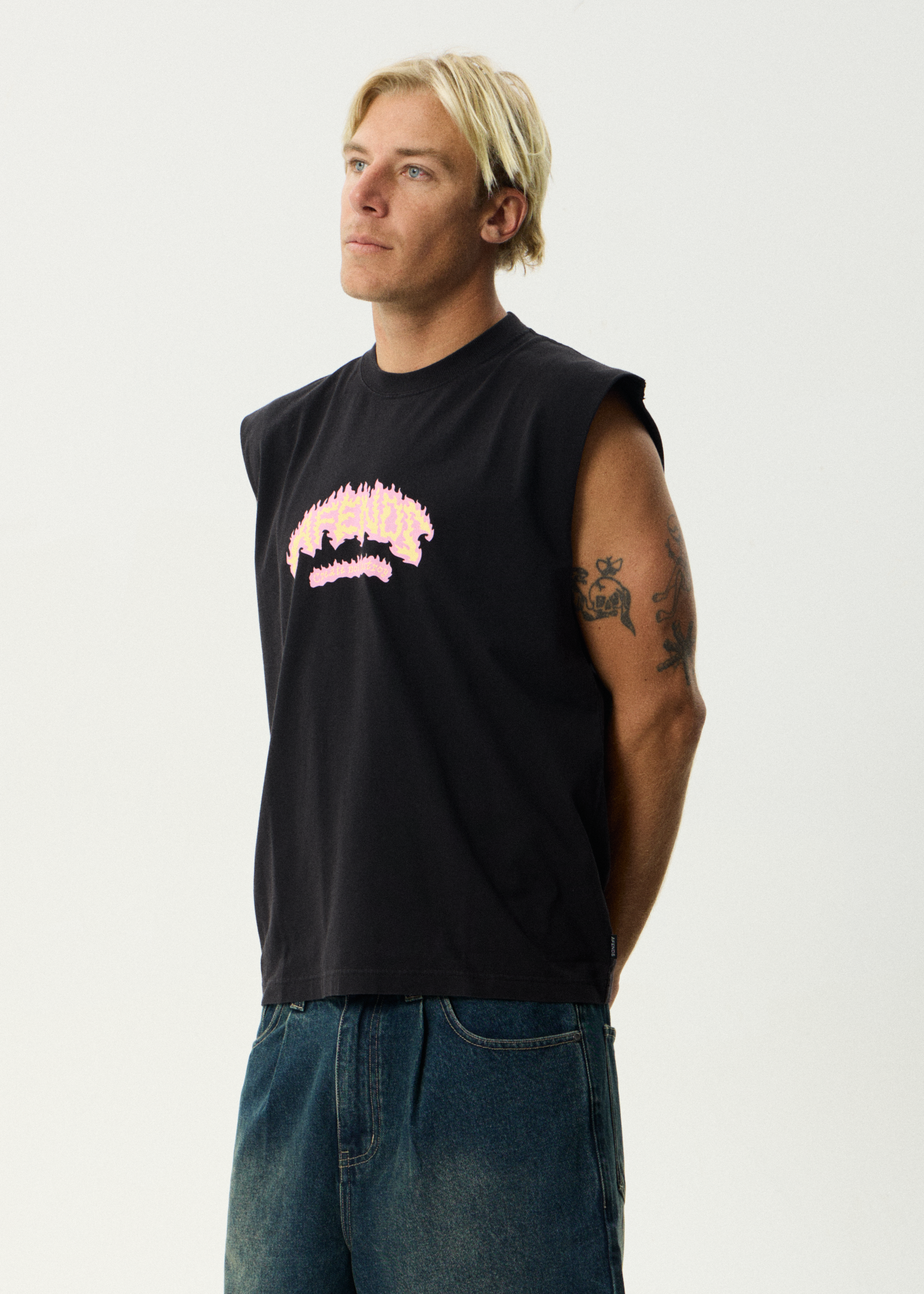 Mens Flame On Muscle Tee Stone Black - Image 3