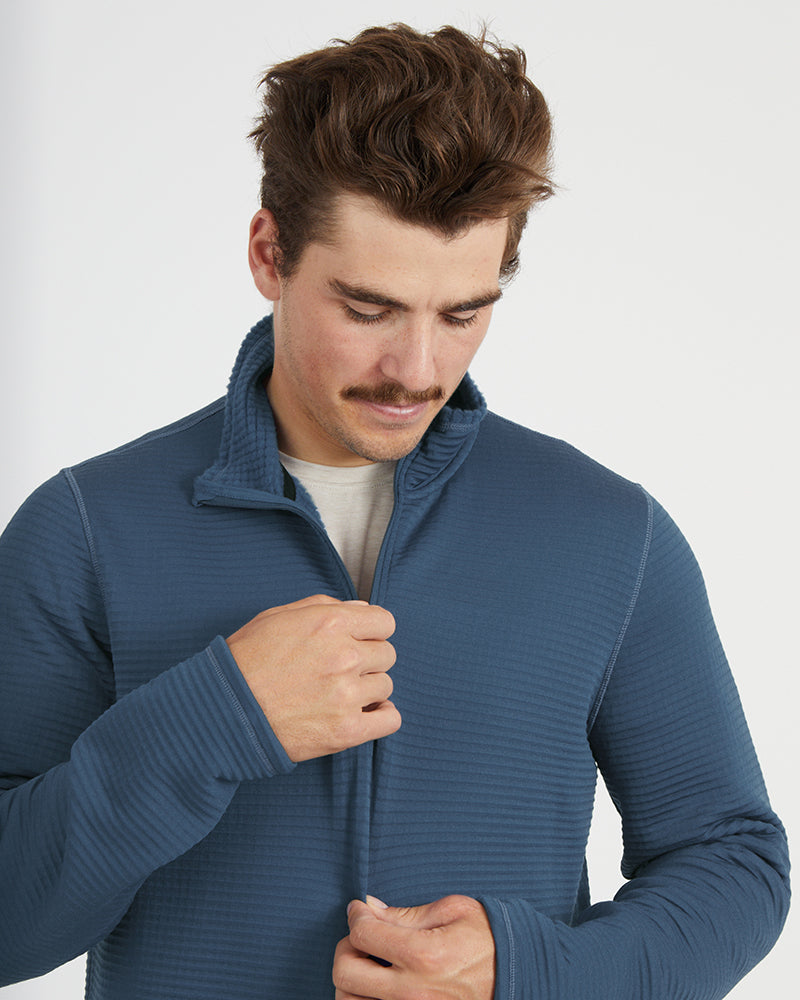 Mens Merino AEROGRID Fleece Hiking Pullover Slate Blue