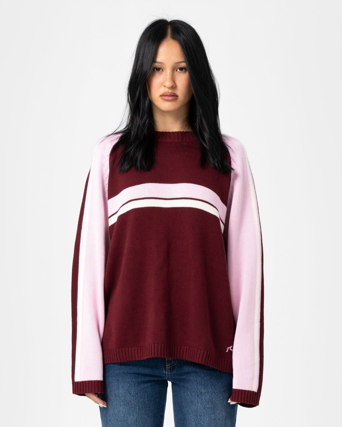 Womens White Lines Two Crew Neck Knitwear Burgundy - Image 2