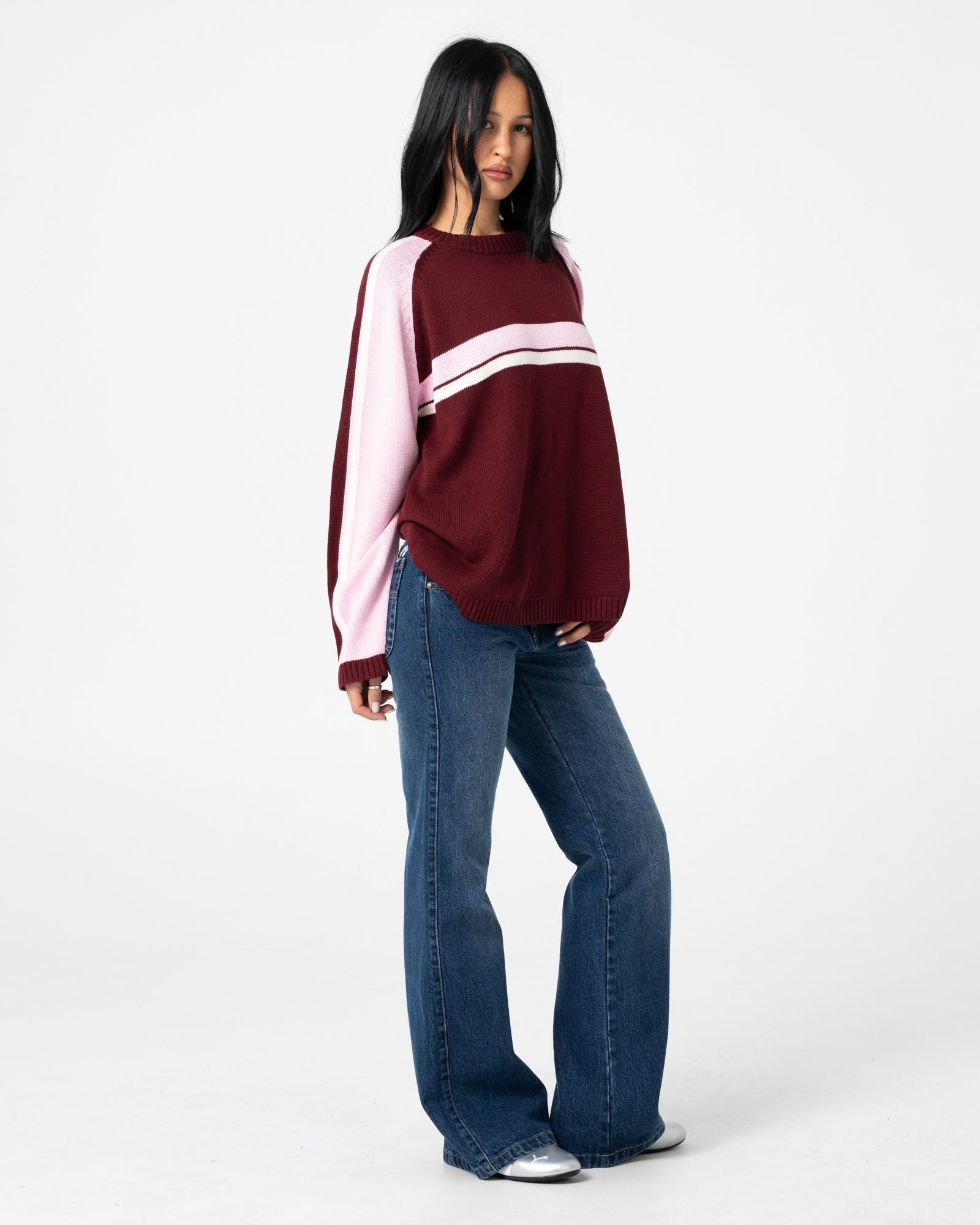 Womens White Lines Two Crew Neck Knitwear Burgundy - Image 3