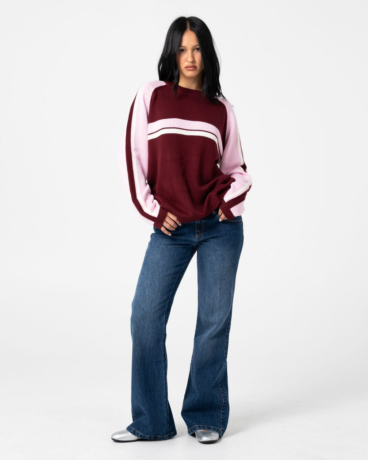 Womens White Lines Two Crew Neck Knitwear Burgundy - Image 5