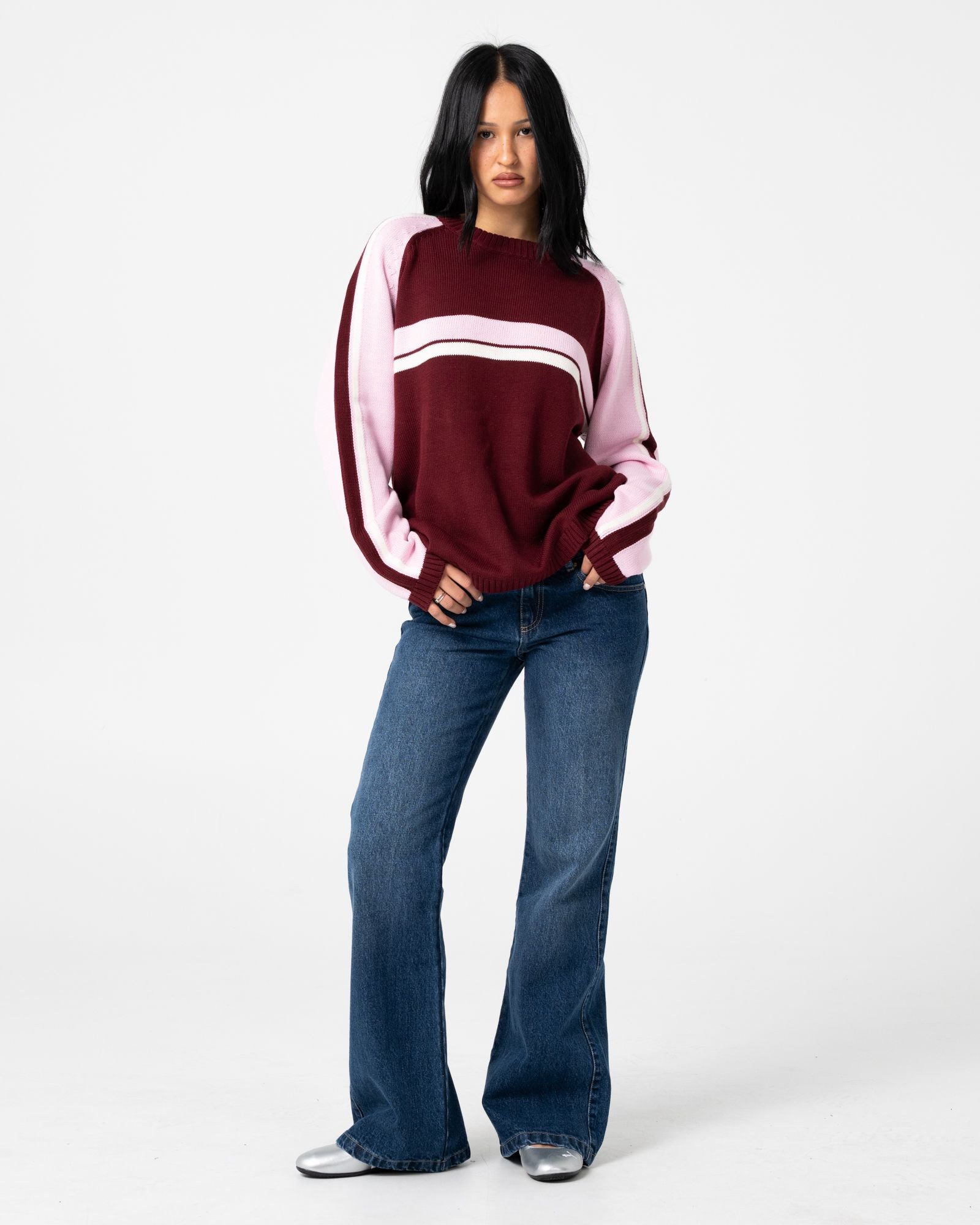 Womens White Lines Two Crew Neck Knitwear Burgundy - Image 5
