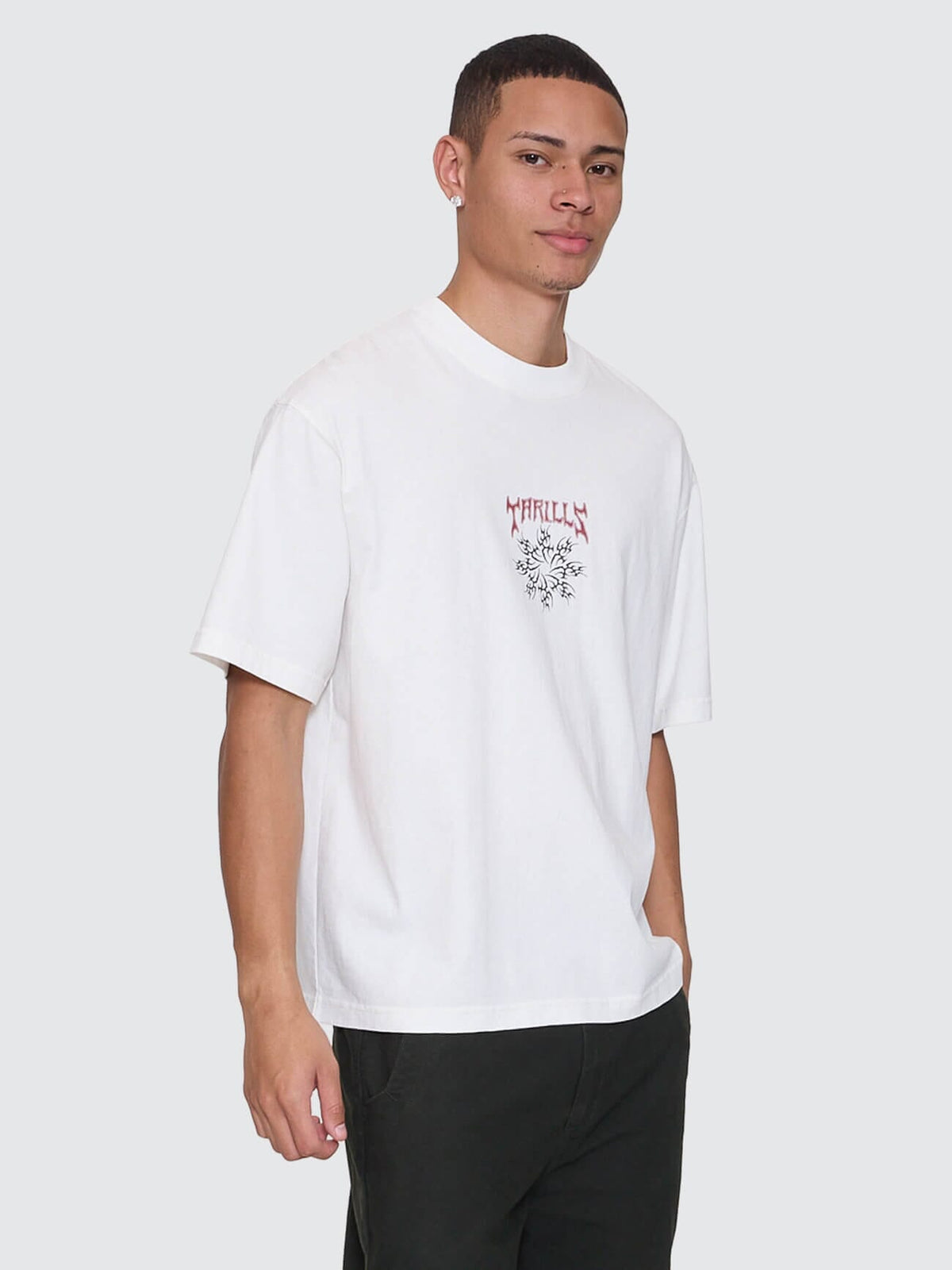 Mens Stagger Box Fit Oversize Cropped T Shirt Snow White - Image 7