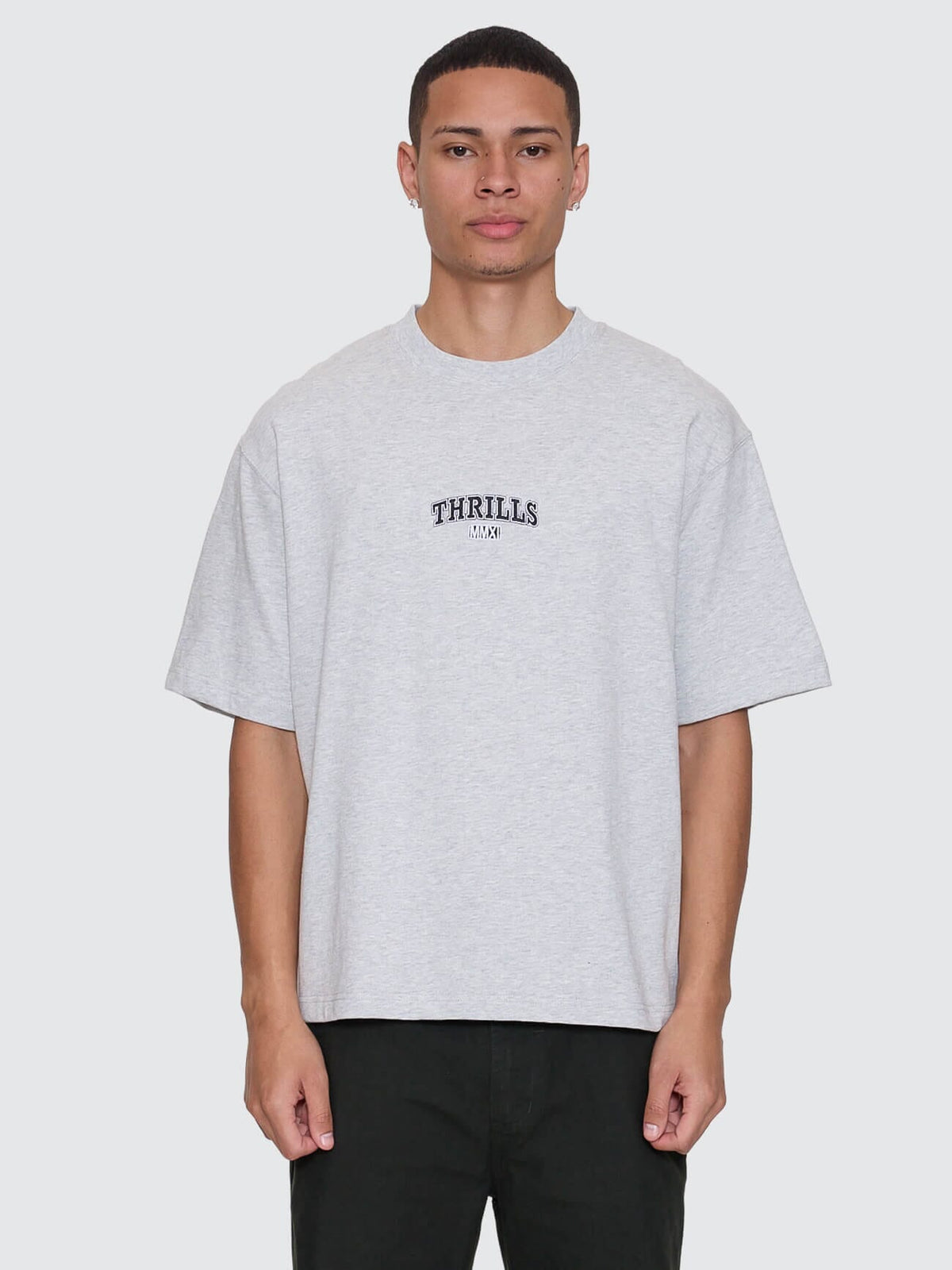 Mens Victory Embro Box Fit Oversize Cropped T Shirt Snow Marle - Image 8