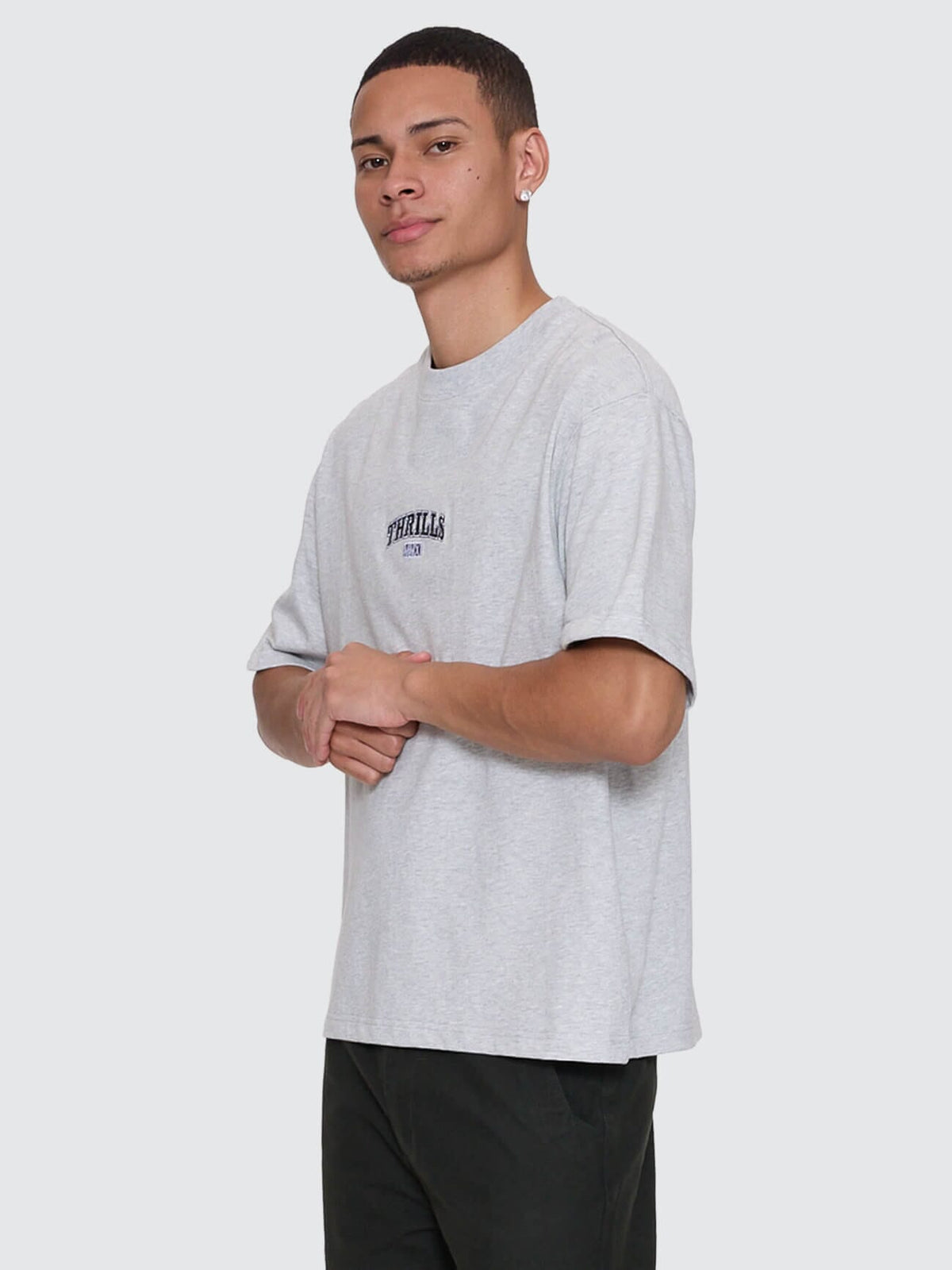 Mens Victory Embro Box Fit Oversize Cropped T Shirt Snow Marle - Image 4