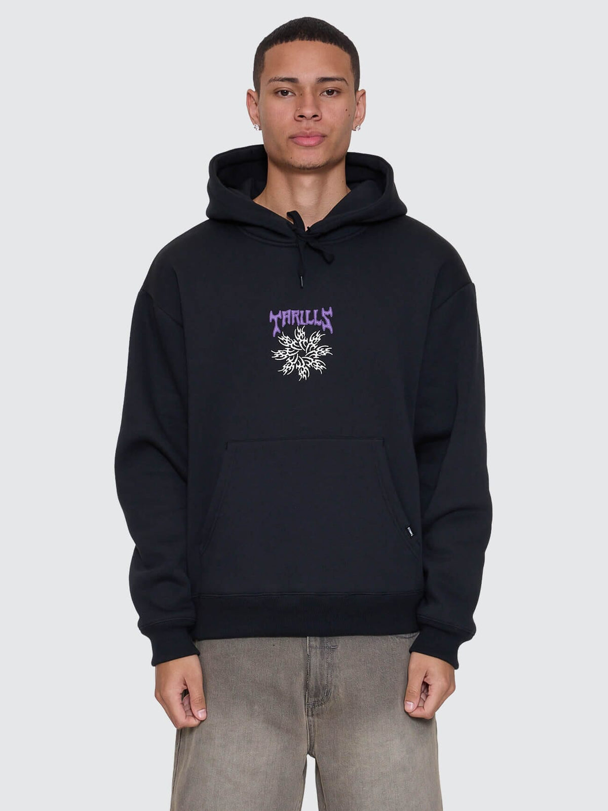 Mens Stagger Slouch Pull On Cropped Hoodie Washed Black - Image 8