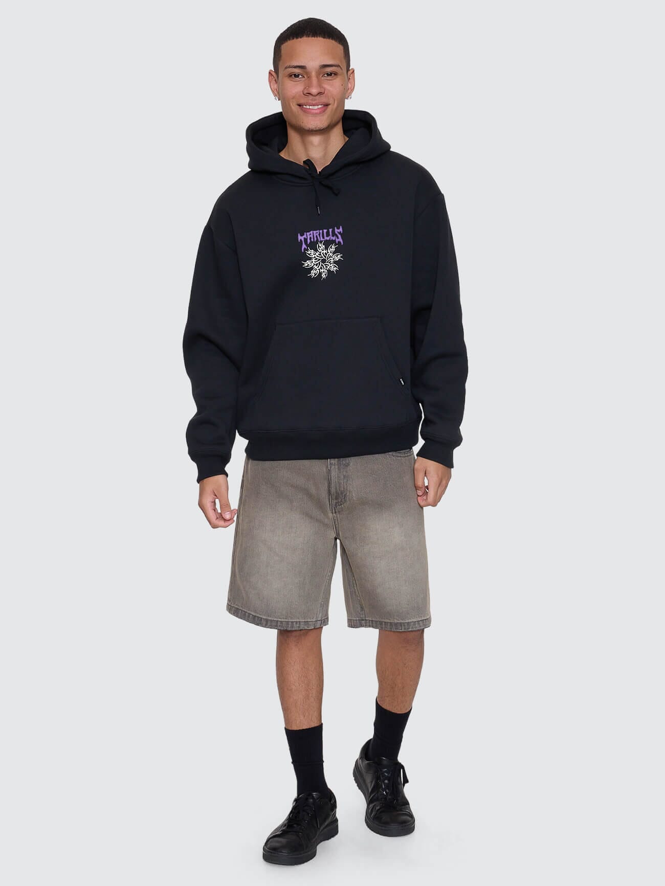 Mens Stagger Slouch Pull On Cropped Hoodie Washed Black - Image 3