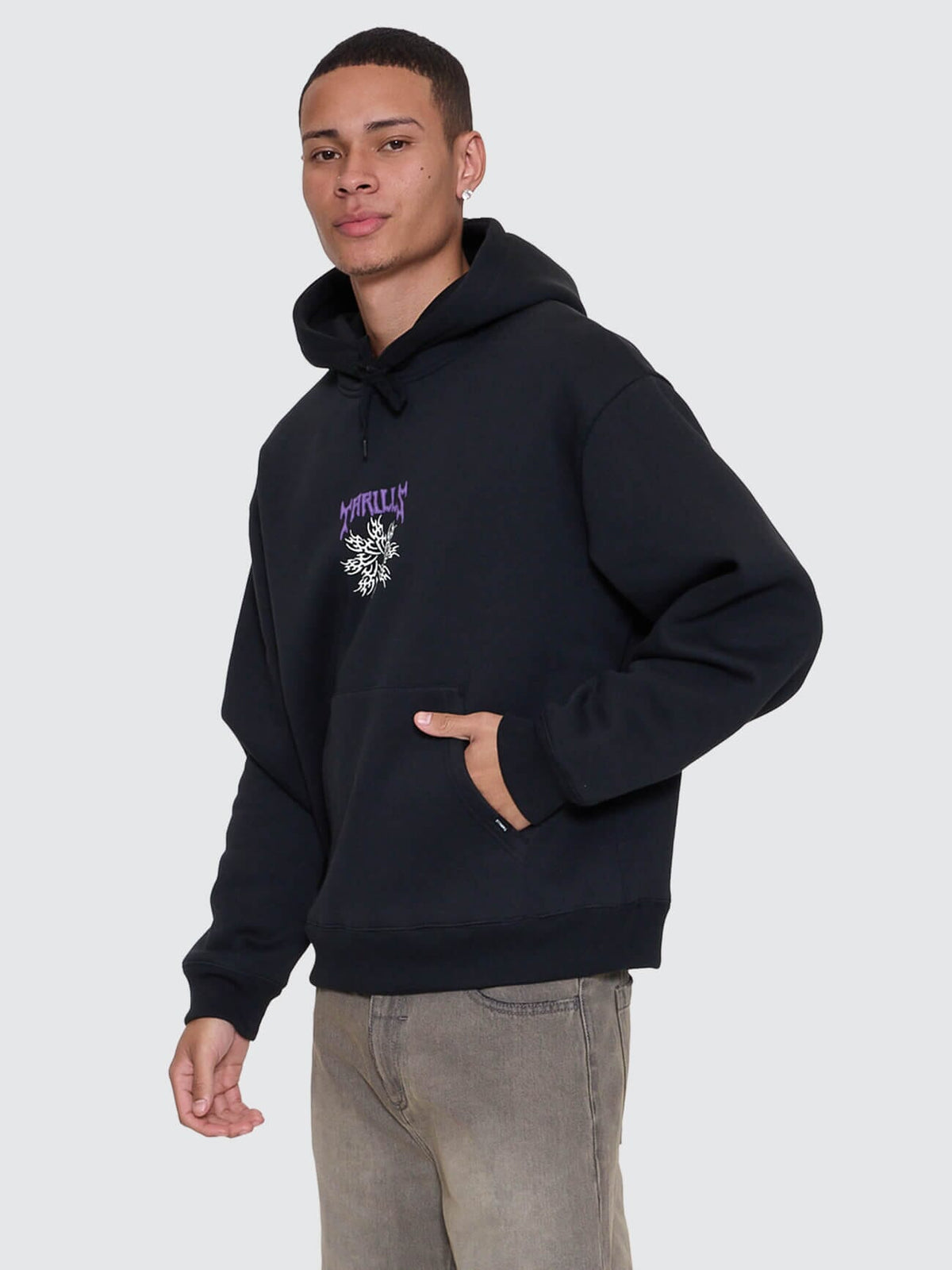 Mens Stagger Slouch Pull On Cropped Hoodie Washed Black - Image 4
