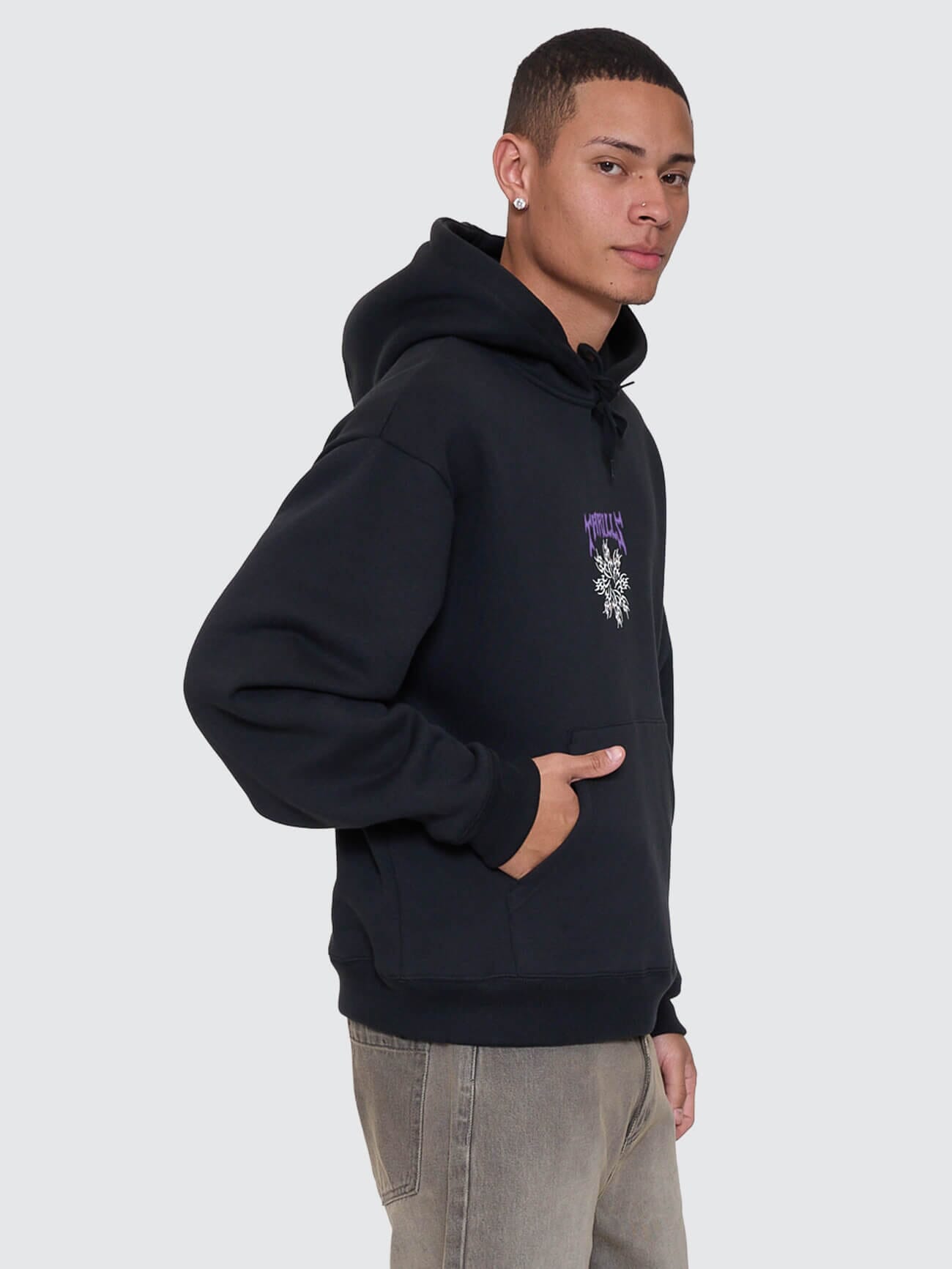 Mens Stagger Slouch Pull On Cropped Hoodie Washed Black - Image 6