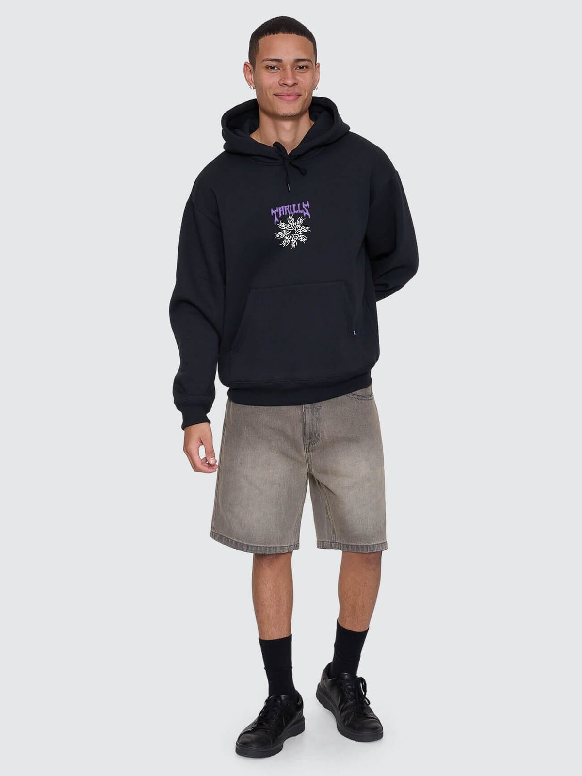 Mens Stagger Slouch Pull On Cropped Hoodie Washed Black - Image 7