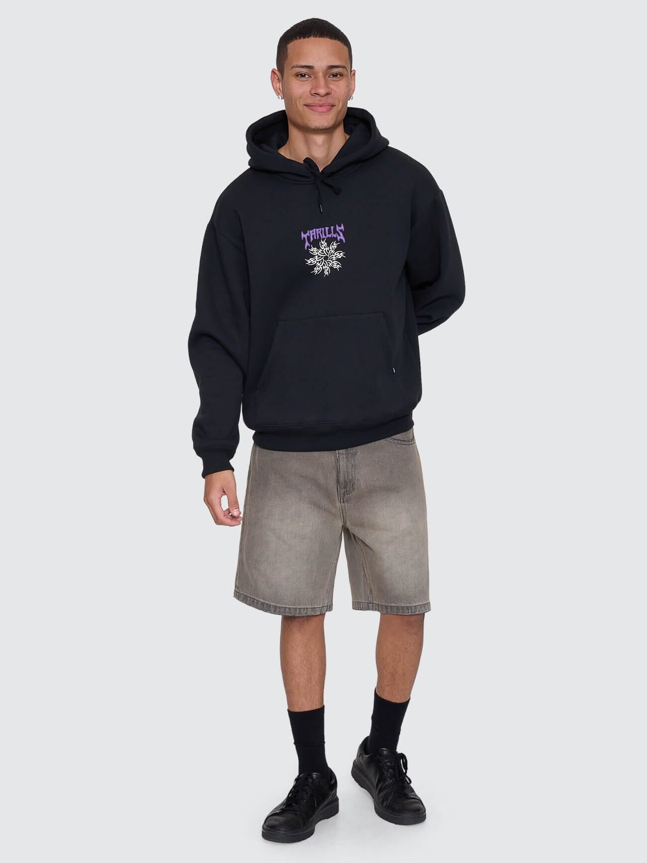 Mens Stagger Slouch Pull On Cropped Hoodie Washed Black - Image 7