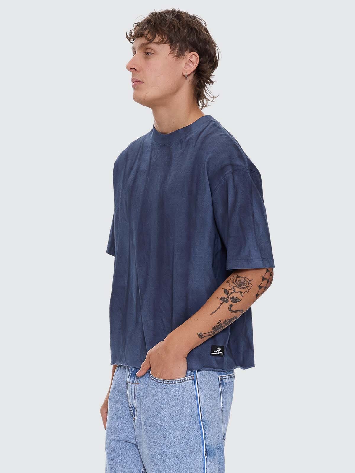 Mens Arts Sunfade Box Crop T Shirt Sunfade Bleach Indigo - Image 2