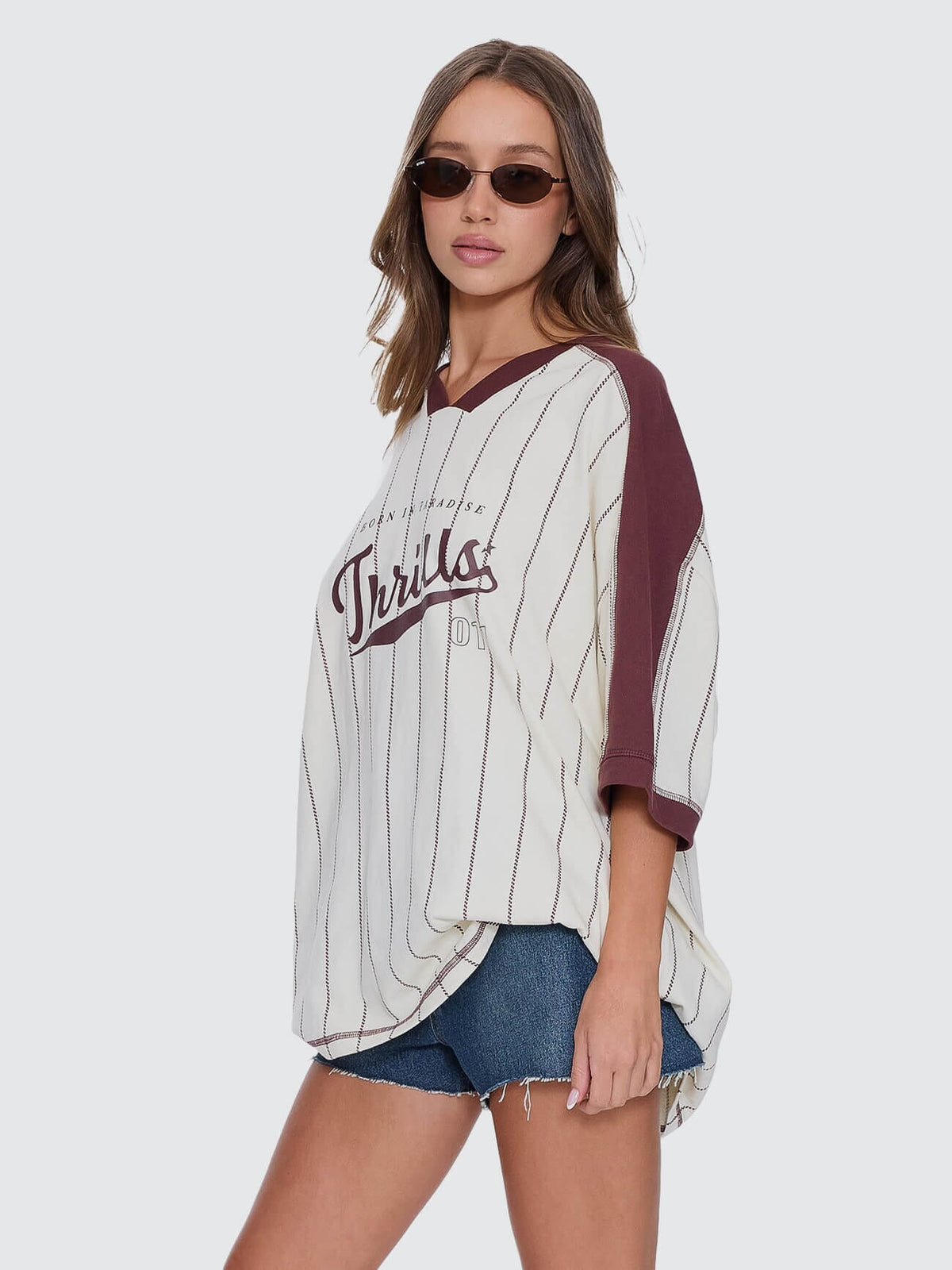 Womens Baseline Stripe V-Neck T Shirt Butter Cream - Image 6