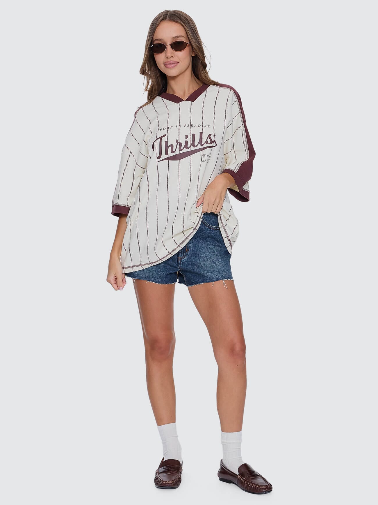 Womens Baseline Stripe V-Neck T Shirt Butter Cream - Image 4